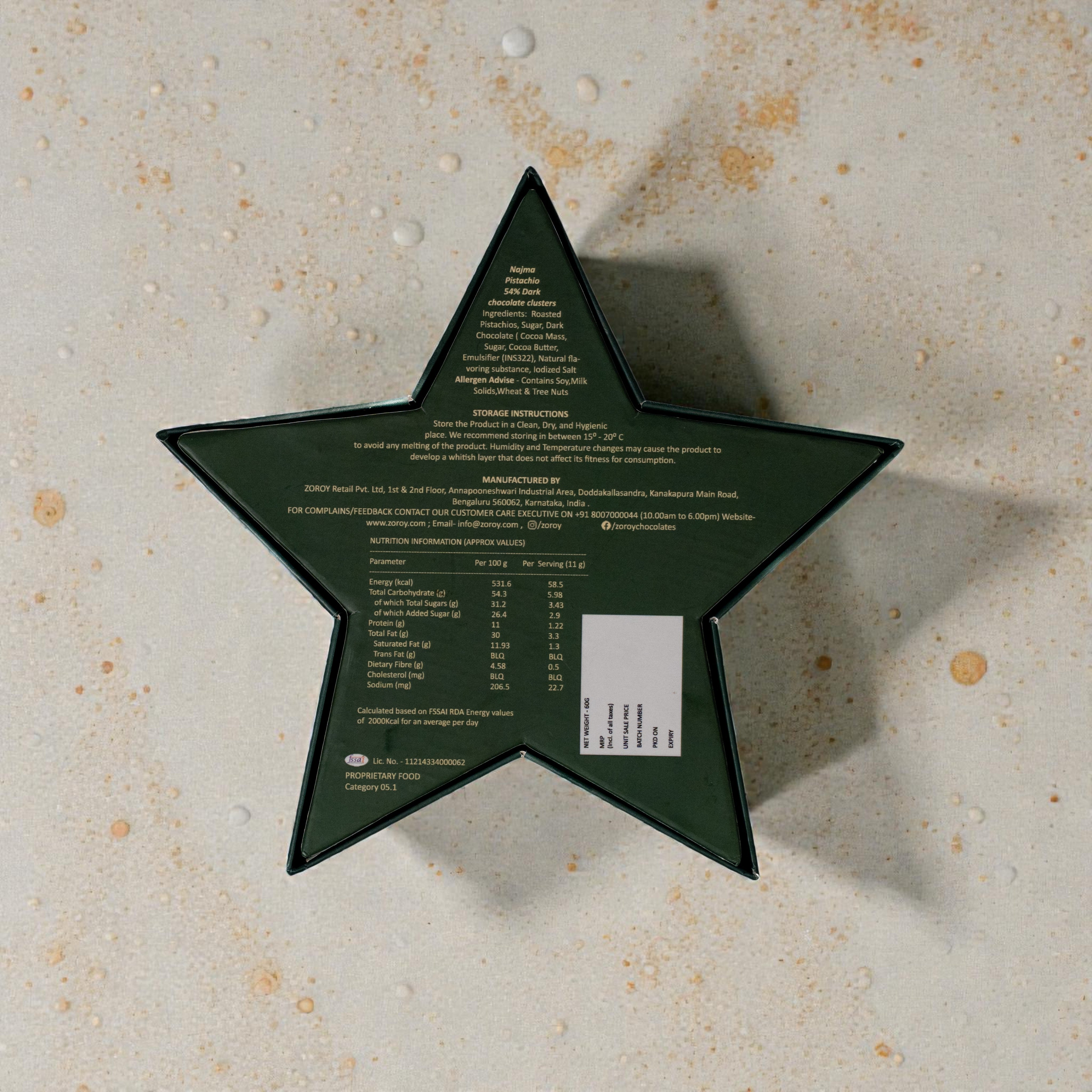 ZOROY Ramzan & Eid Mubarak Najma Chocolate Gift Box | Star Shaped Premium Dark Chocolate with Caramelised Pista Clusters | Festive Hamper for Gifting | 6 Nos