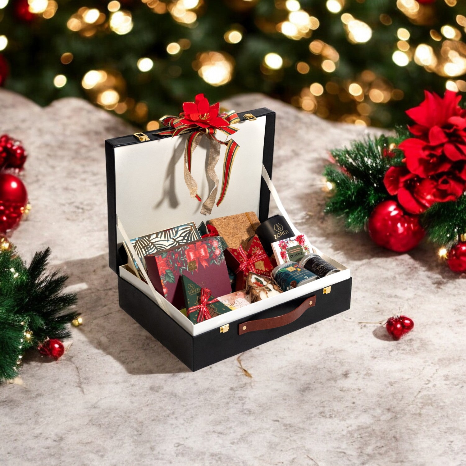 ZOROY Season Special Luxury Leather-Feel Briefcase Hamper | Plum Cake, Chocolates, Gourmet Teas, Cocoa Nibs, Cookies, Soy Candle & Festive Gifts | Premium Christmas & Corporate Gifting Hamper