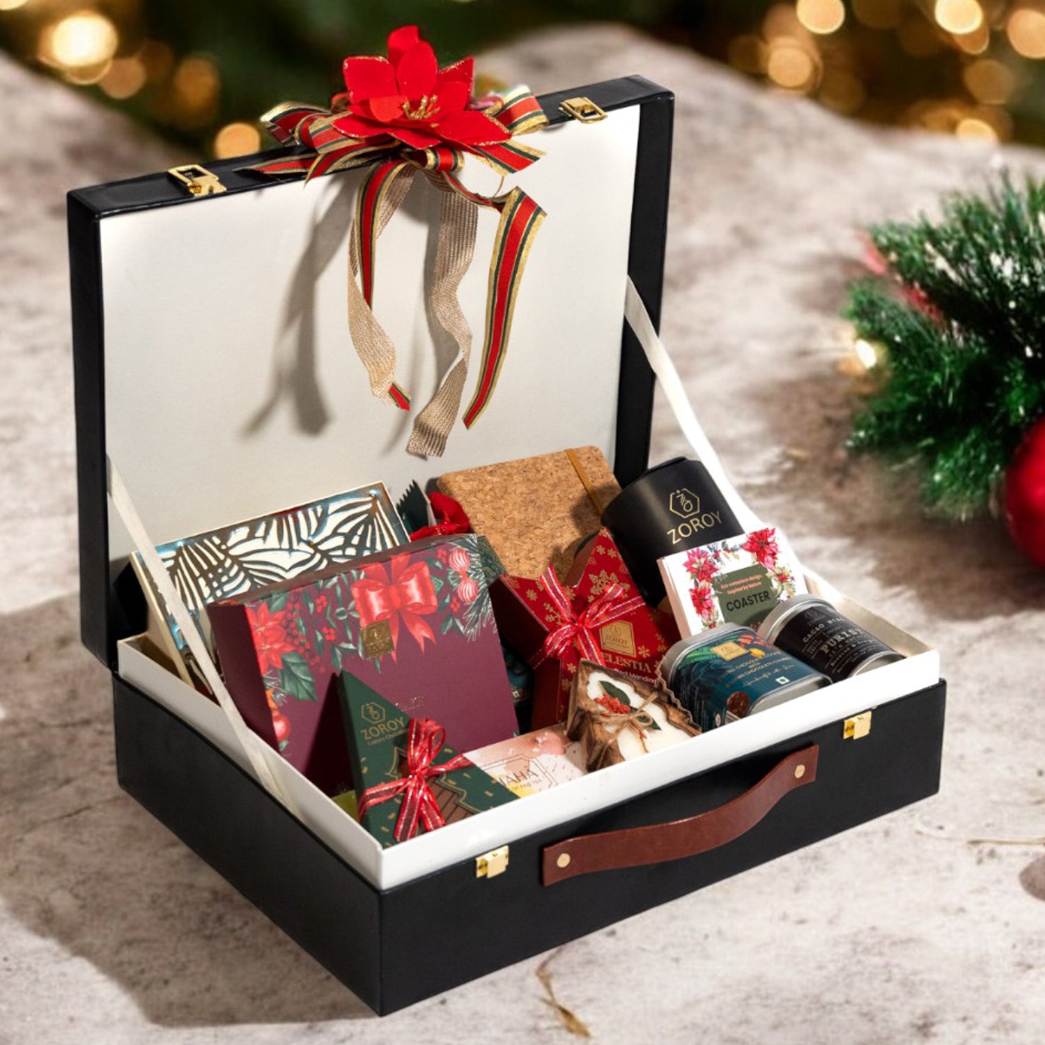 ZOROY Season Special Luxury Leather-Feel Briefcase Hamper | Plum Cake, Chocolates, Gourmet Teas, Cocoa Nibs, Cookies, Soy Candle & Festive Gifts | Premium Christmas & Corporate Gifting Hamper