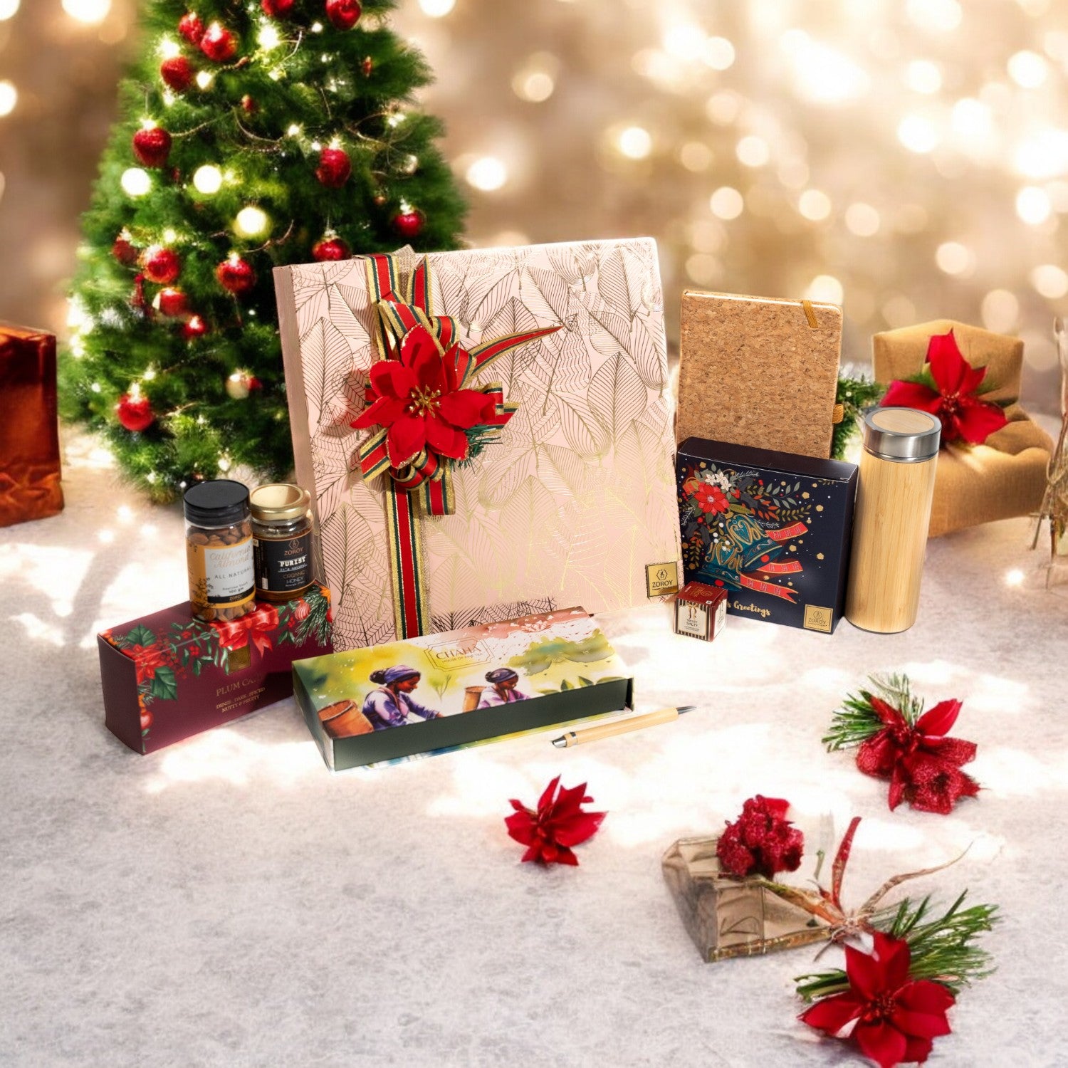 ZOROY Seasonal Elegance Luxury Hamper | Plum Cake, Buttercrunch, Exotic Teas, Honey, Fudge Chocolates & Almonds | Premium Festive Gift Box for Christmas, Corporate Gifting, Family & Celebrations