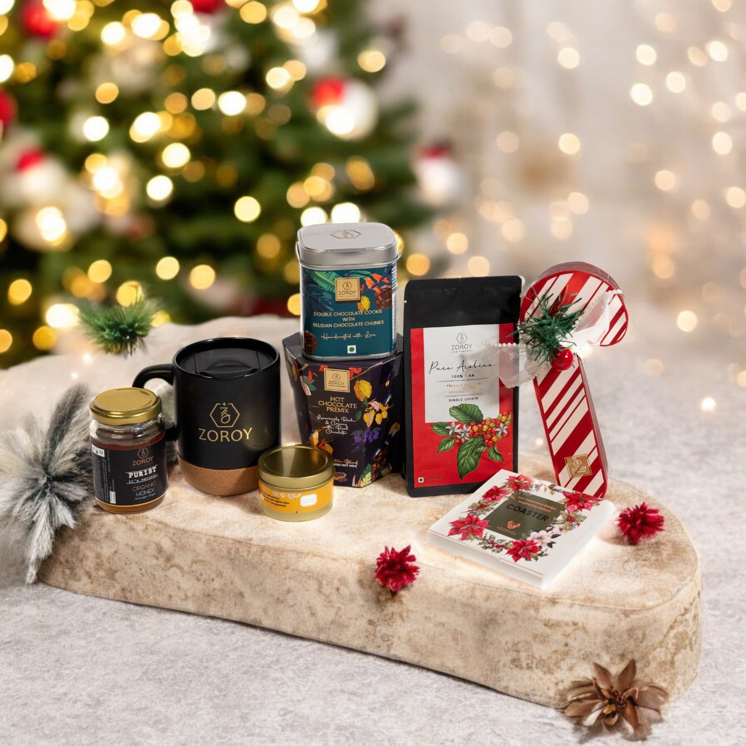 ZOROY Seasonal Gilded Beverage Luxury Hamper | Coffee, Tea, Hot Chocolate, Cookies, Mug, Coasters, Chocolates, Honey | Festive Gift Box for Christmas, Corporate Gifting, Family & Celebrations