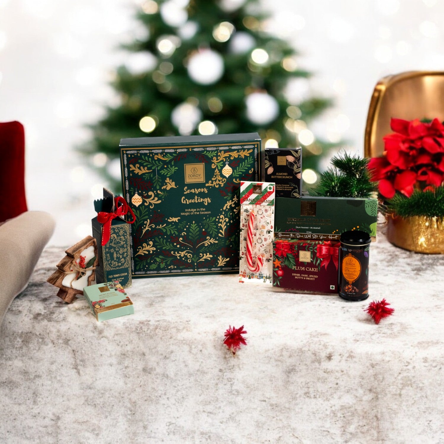 ZOROY Seasons Sparkle Christmas Gift Hamper | Double Door Keepsake Box with Plum Cake, Truffles, Choco Nuts, Cookies & Soy Candle | Luxury Festive, Secret Santa & Corporate Gifting