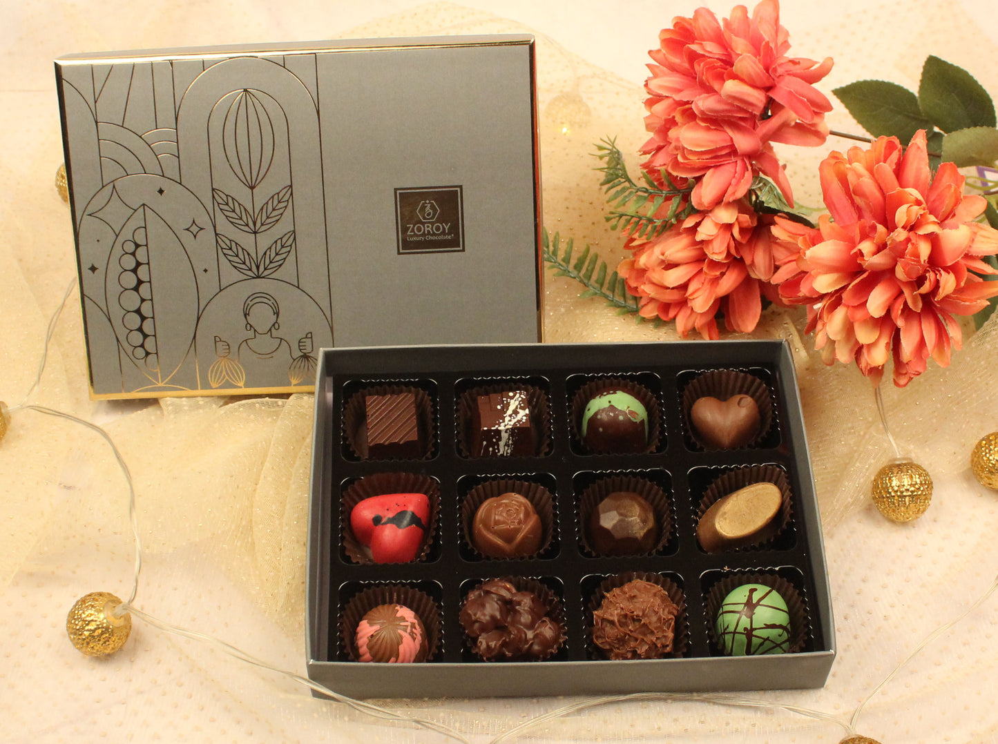 ZOROY LUXURY CHOCOLATE Box of 12 Pure Couverture Dark Chocolate | Signature Belgian style | 12 pieces in a Gift Box | Assortment of Dark pralines - 132 Gms