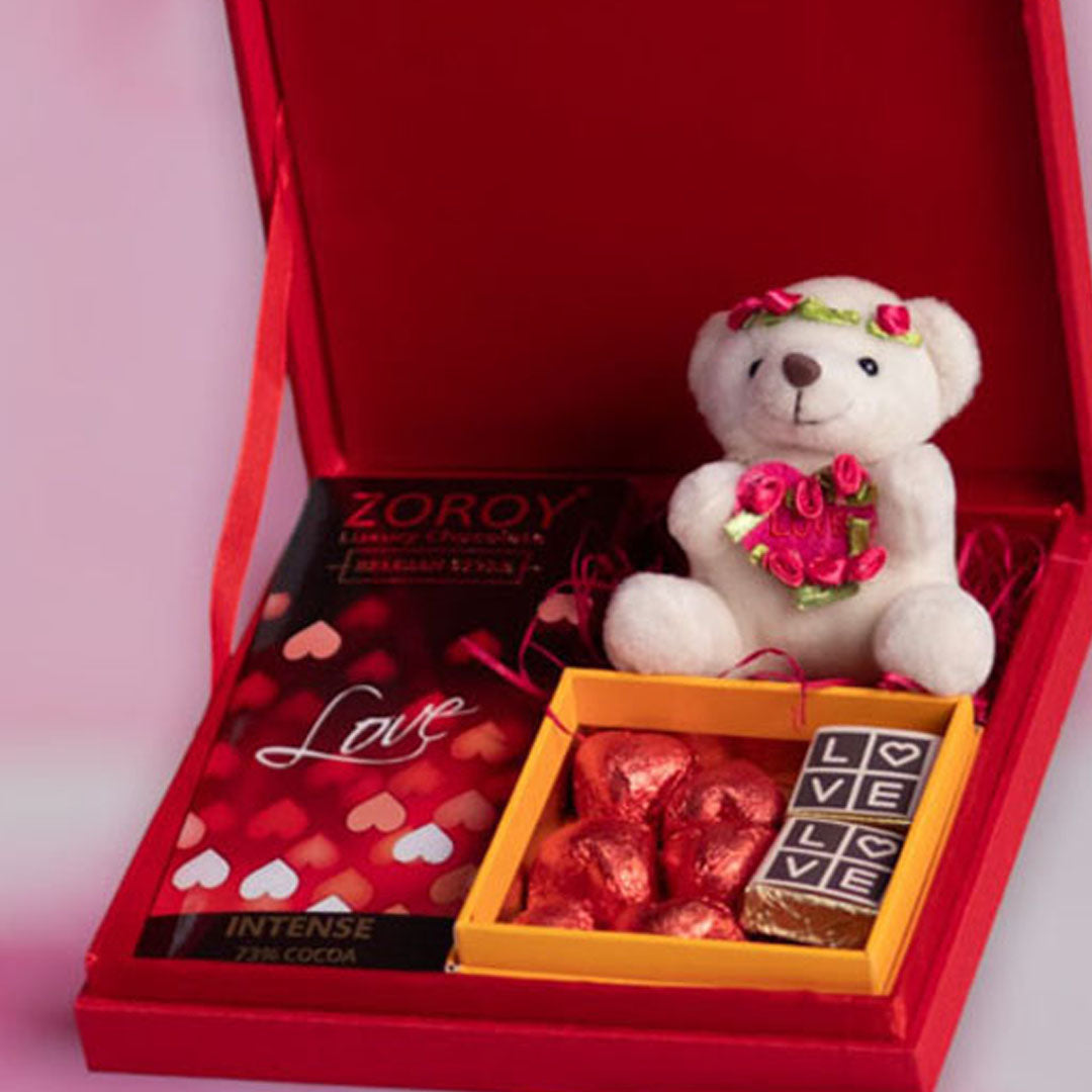 ZOROY LUXURY CHOCOLATE Red Silk Box with Valentines special chocolates and teddy bear For Girlfriend | Boyfriend Anniversary Gifts For Wife | Husband | Love Chocolates | Chocolate Hamper