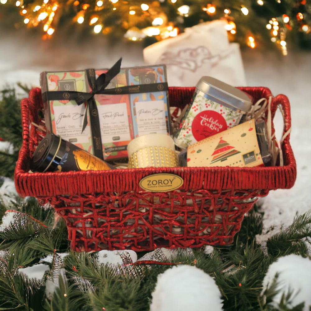 ZOROY LUXURY CHOCOLATE Sleigh Hamper | B100000839ox of 4 fruit bars | Pack of handcrafted cookies | 175G rich alcohol free dense plum cake | Studded candle | 100G Pure Belgian chocolate coated butterscotch nuts