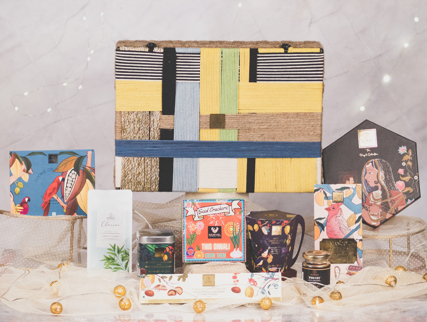 ZOROY Upcycled Artisan Jute Gift Hamper Luxe with Chocolates, Dry Fruits, Cookies, T light Candle Holder, Seed Crackers Others Goodies For Corporate Diwali Festive Combo Pack
