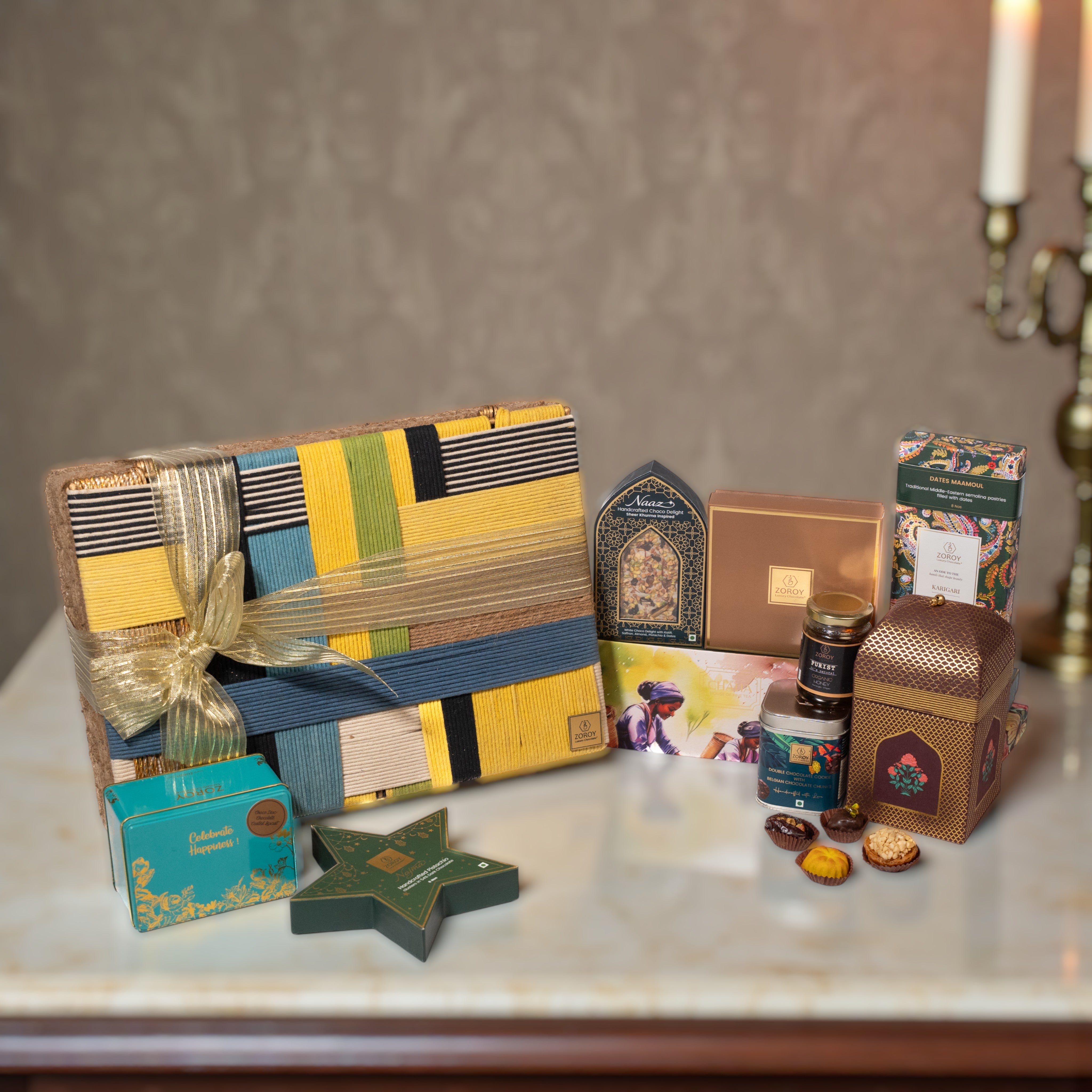 ZOROY Upcycled Luxury Eid & Ramadan Artisan Hamper – Eco-Friendly Artsan Box, Chocolates, Mamouls & Dates Tea time Hmaper