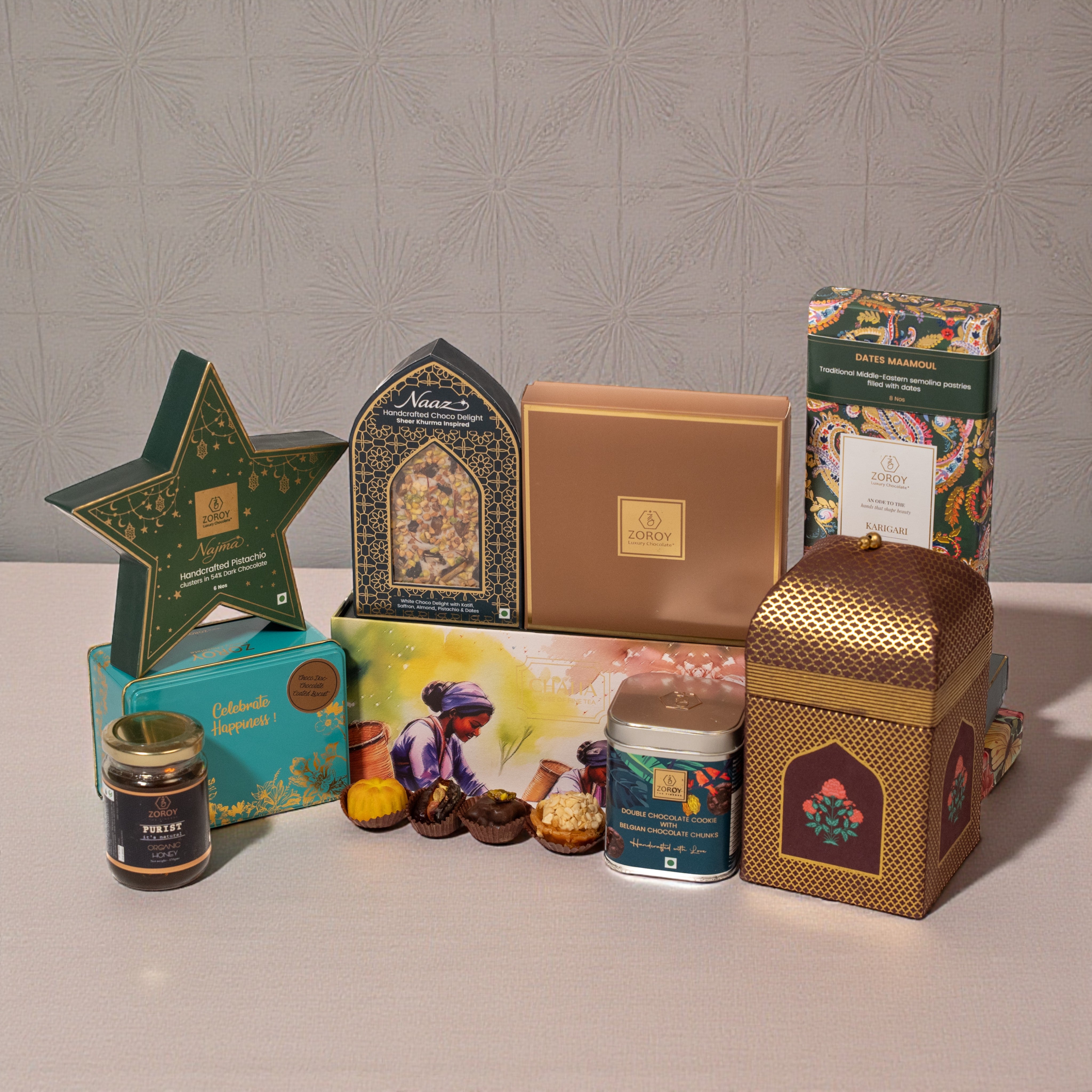 ZOROY Upcycled Luxury Eid & Ramadan Artisan Hamper – Eco-Friendly Artsan Box, Chocolates, Mamouls & Dates Tea time Hmaper