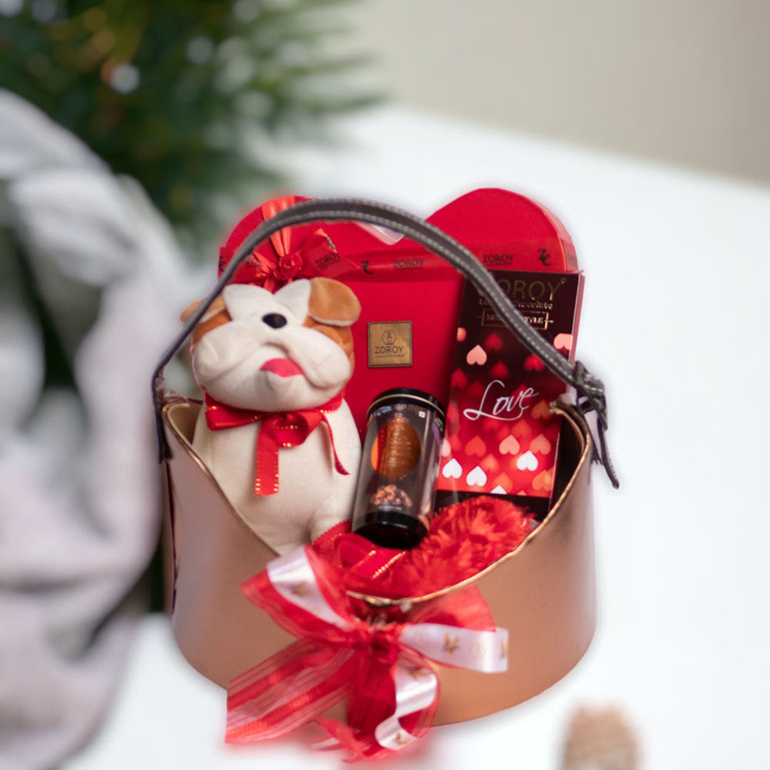 ZOROY Luxury Chocolate Leather Round Prestige Hamper Basket of Love With  Soft Toy Coated Nuts Chocolate Bar |Beautiful Gift For Girlfriend And - Main Image