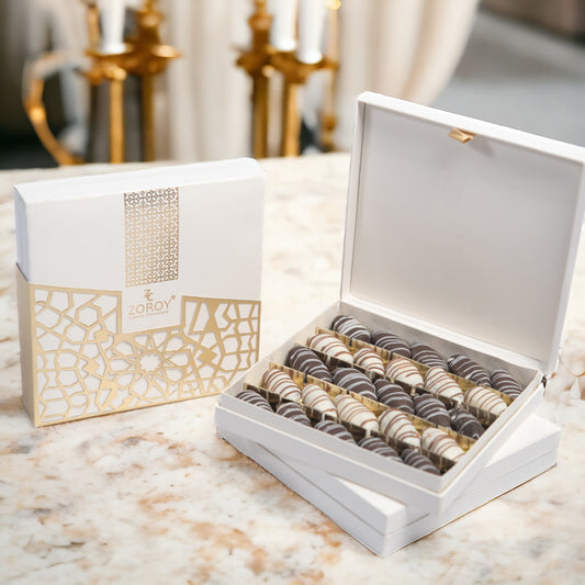 ZOROY White and Gold leather feel box with Assorted Dry Fruit Filled Dates 425G | Filled With roasted almond and dipped in milk and white chocolate|Khajur dry fruit |Natural Sweetener