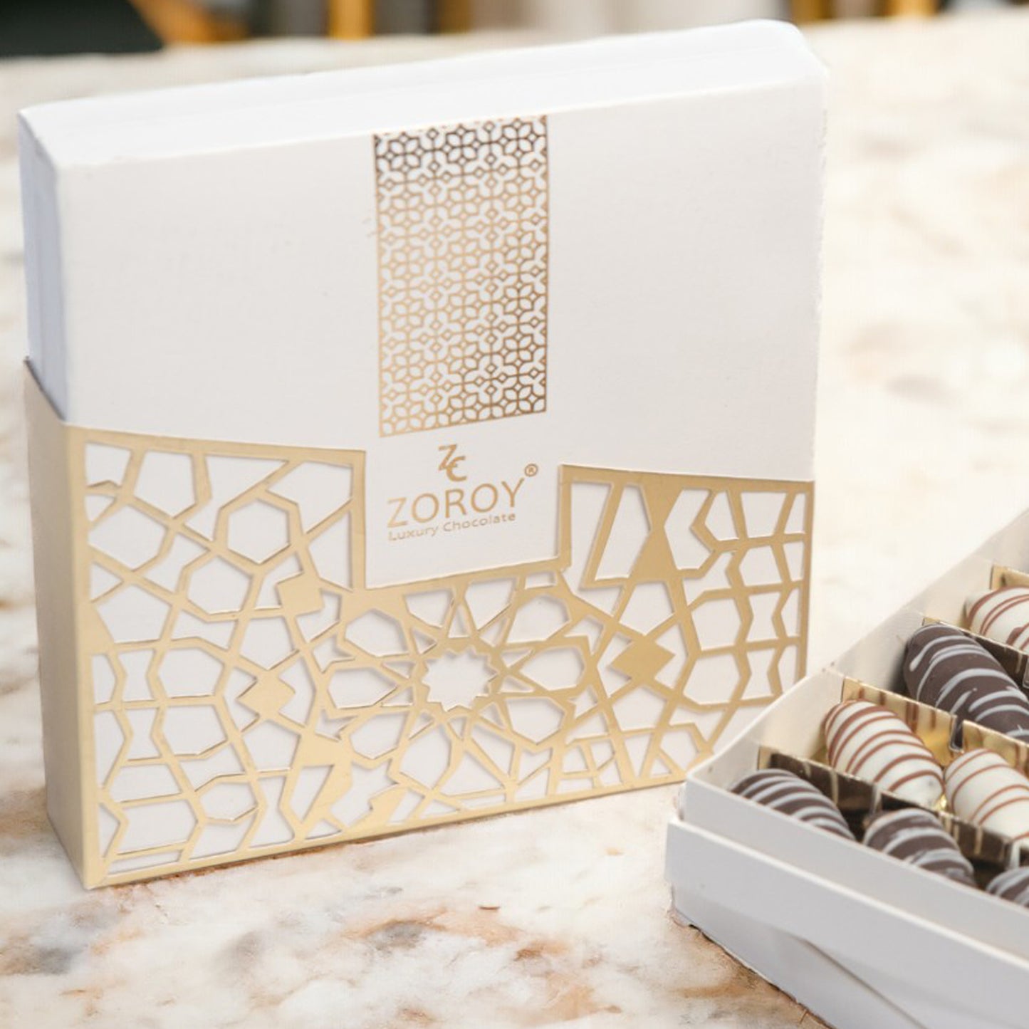 ZOROY White and Gold leather feel box with Assorted Dry Fruit Filled Dates 425G | Filled With roasted almond and dipped in milk and white chocolate|Khajur dry fruit |Natural Sweetener