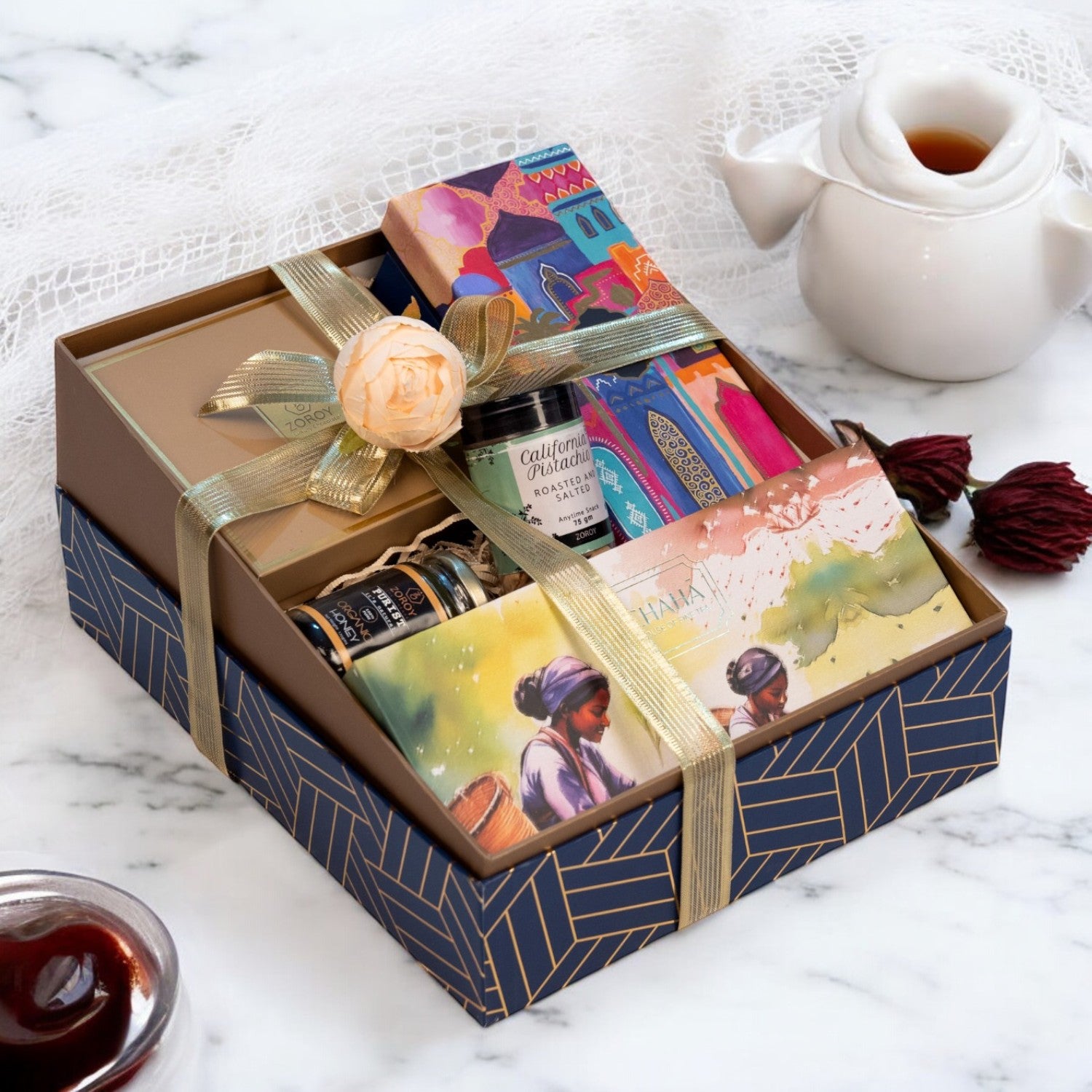 ZOROY Luxury Chocolate Arabic Hamper | Chocolate Dates, Gourmet Baklawa, Salted Pistachios, Craft Teas & Himalayan Honey | Festive Gift for Ramadan, Eid, Diwali, Christmas, Weddings & Special Occasion