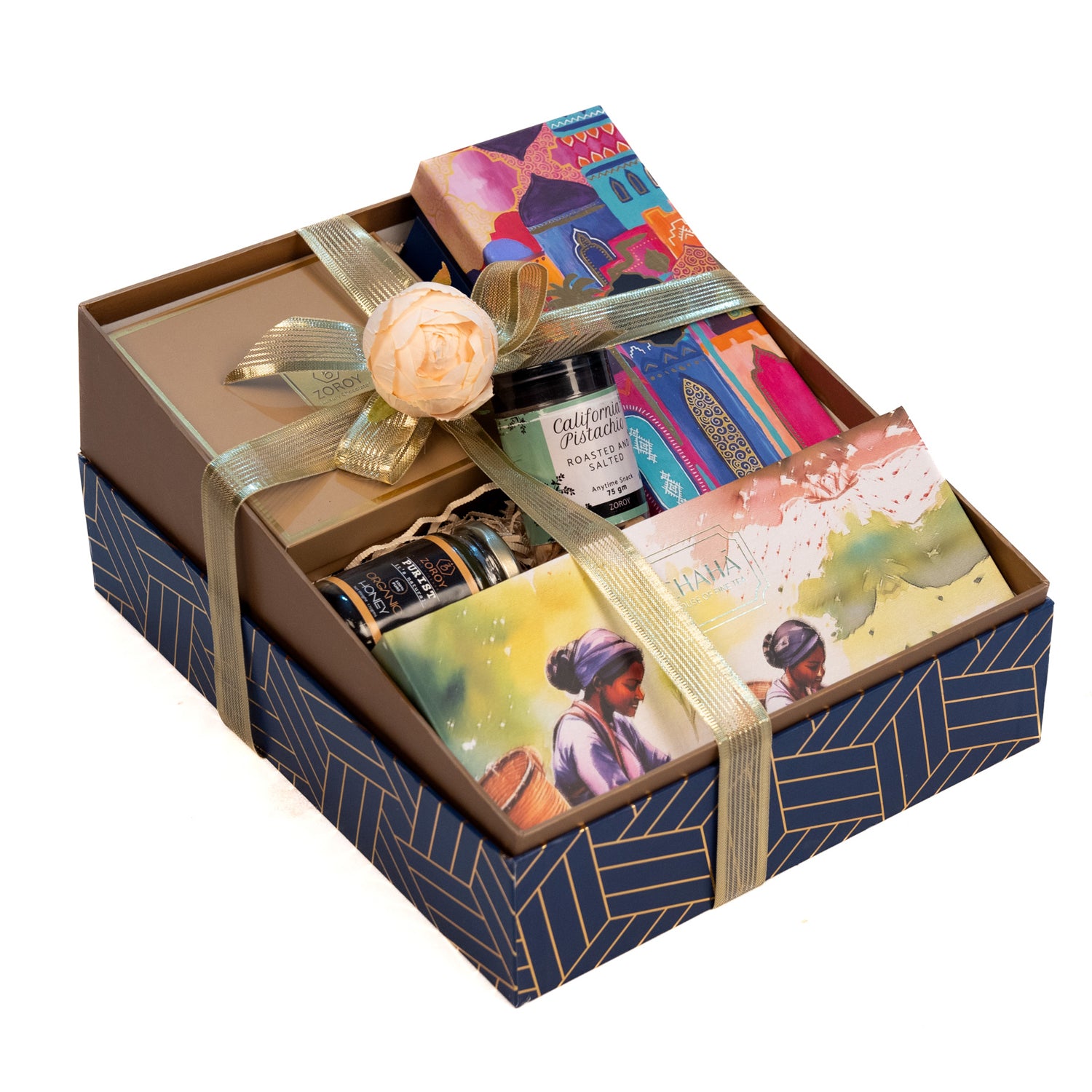 ZOROY Luxury Chocolate Arabic Hamper | Chocolate Dates, Gourmet Baklawa, Salted Pistachios, Craft Teas & Himalayan Honey | Festive Gift for Ramadan, Eid, Diwali, Christmas, Weddings & Special Occasion