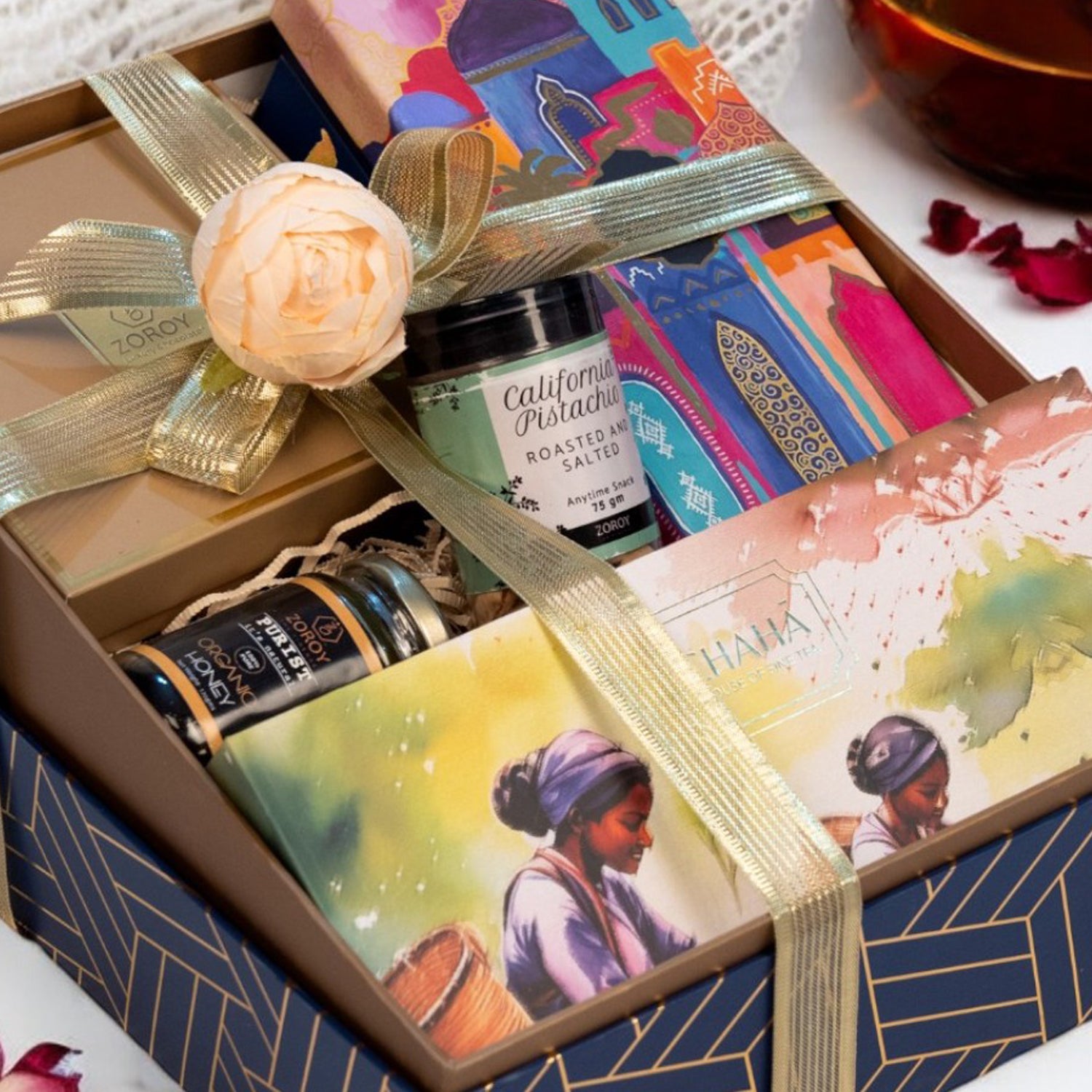 ZOROY Luxury Chocolate Arabic Hamper | Chocolate Dates, Gourmet Baklawa, Salted Pistachios, Craft Teas & Himalayan Honey | Festive Gift for Ramadan, Eid, Diwali, Christmas, Weddings & Special Occasion