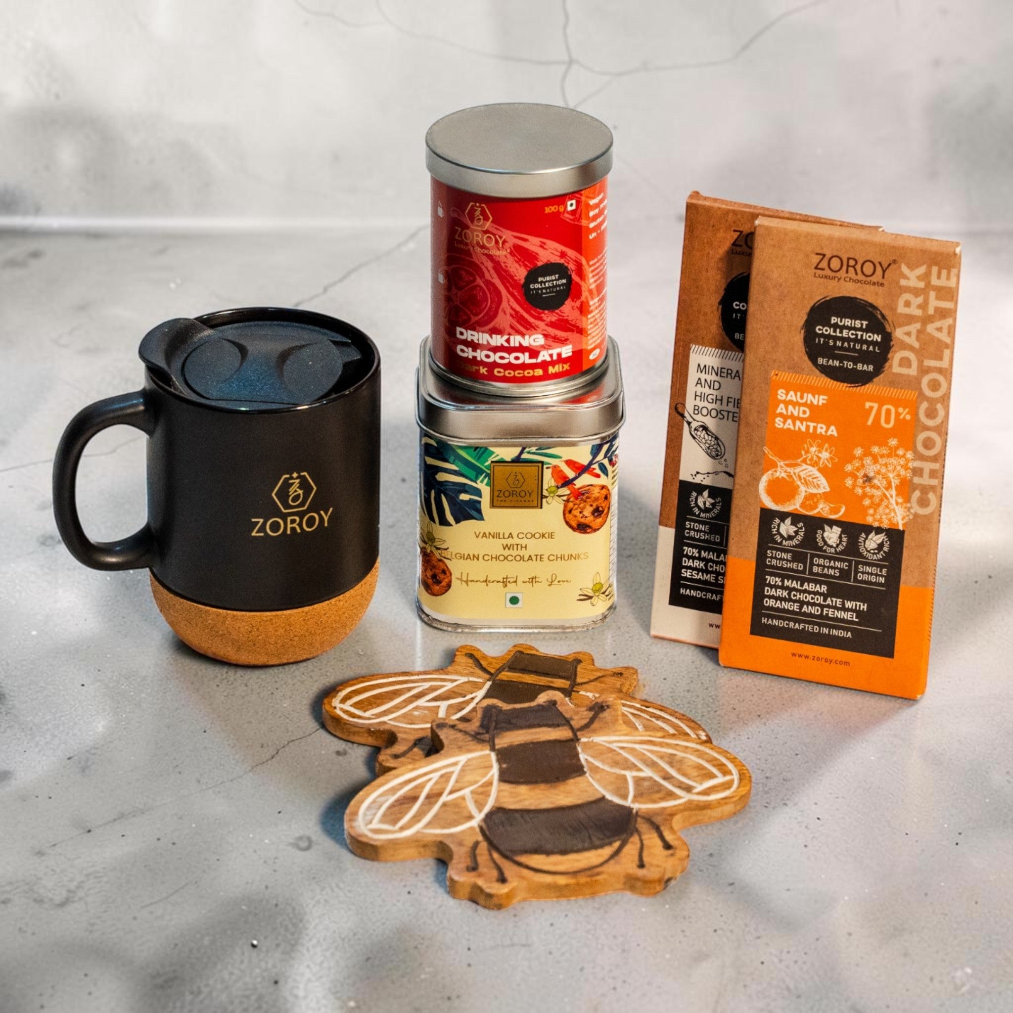 ZOROY Craft & Cocoa Gift Hamper with Artisan Chocolate Bars, Travel Mug, Cookies & Handwoven Chest Box