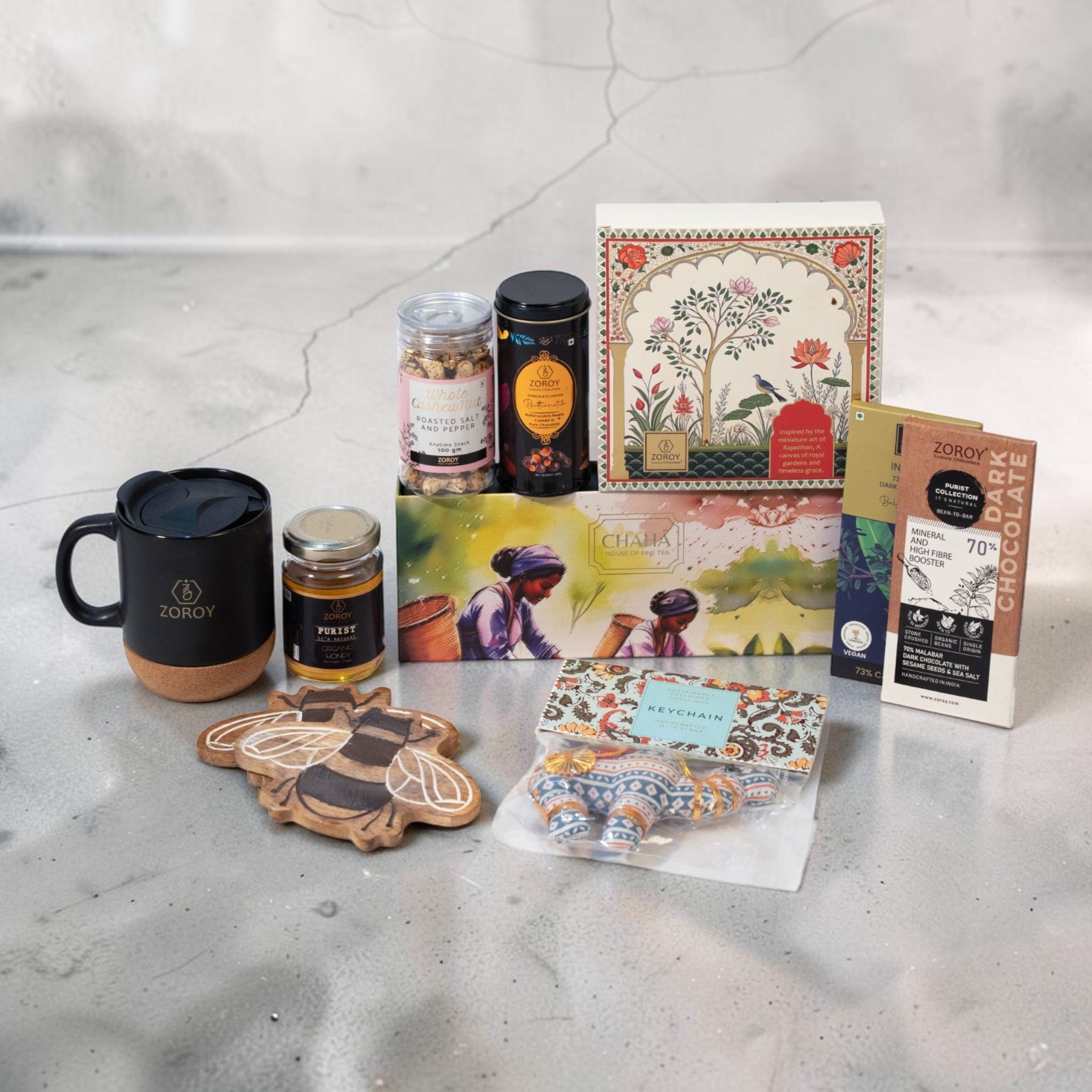 ZOROY Indian Host Gift Hamper with Tea, Honey, Chocolate, Cashews, Travel Mug & Handwoven Chest Box