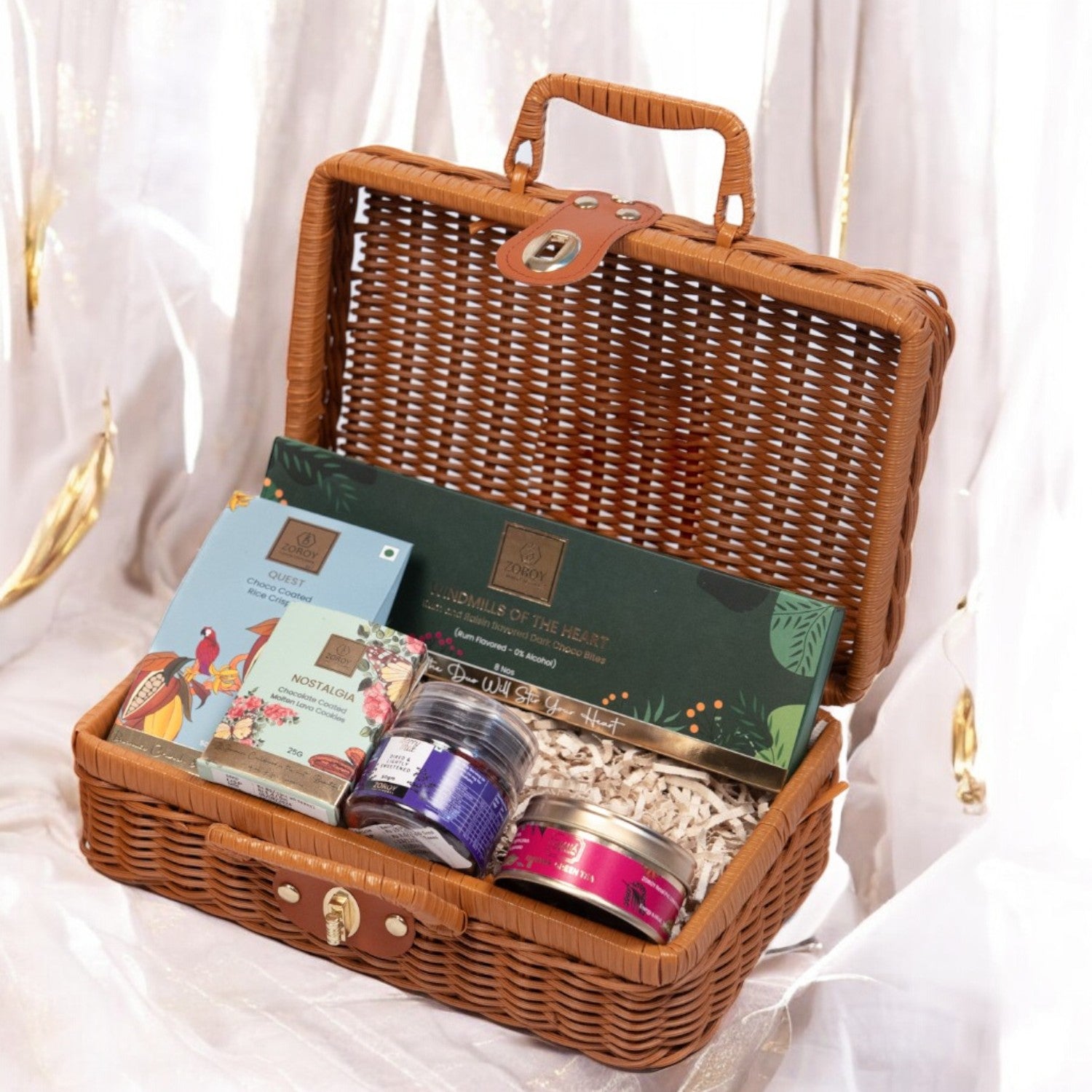 ZOROY Luxury Chocolate Anytime Mini Cane Picnic Hamper | Contains Chocolates, Premium Green Tea, Mixed Dried Berries | Keepsake Reusable Box | Ideal for Birthday, Anniversary, Corporate, House Warming, Wedding Diwali