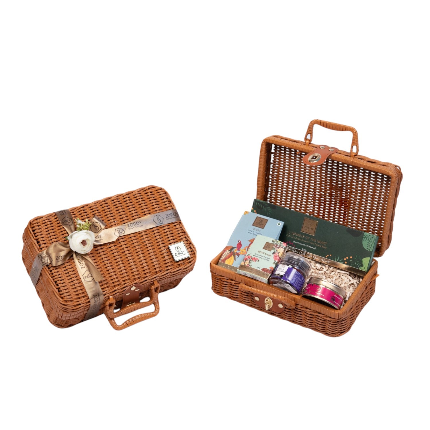 ZOROY Luxury Chocolate Anytime Mini Cane Picnic Hamper | Contains Chocolates, Premium Green Tea, Mixed Dried Berries | Keepsake Reusable Box | Ideal for Birthday, Anniversary, Corporate, House Warming, Wedding Diwali