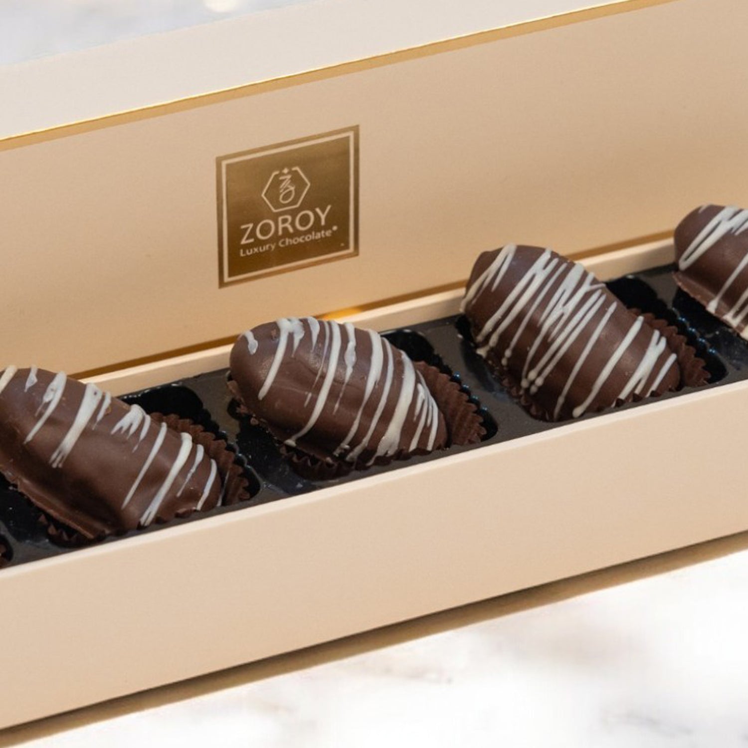 ZOROY Luxury Chocolate Almond-Stuffed Dates – Premium Dry Fruit Sweets | Healthy Gourmet Snack | Handcrafted Dates with Crunchy Almonds | Box of 5 |80G| Festive Gift for Diwali, Rakhi, Eid, Christmas