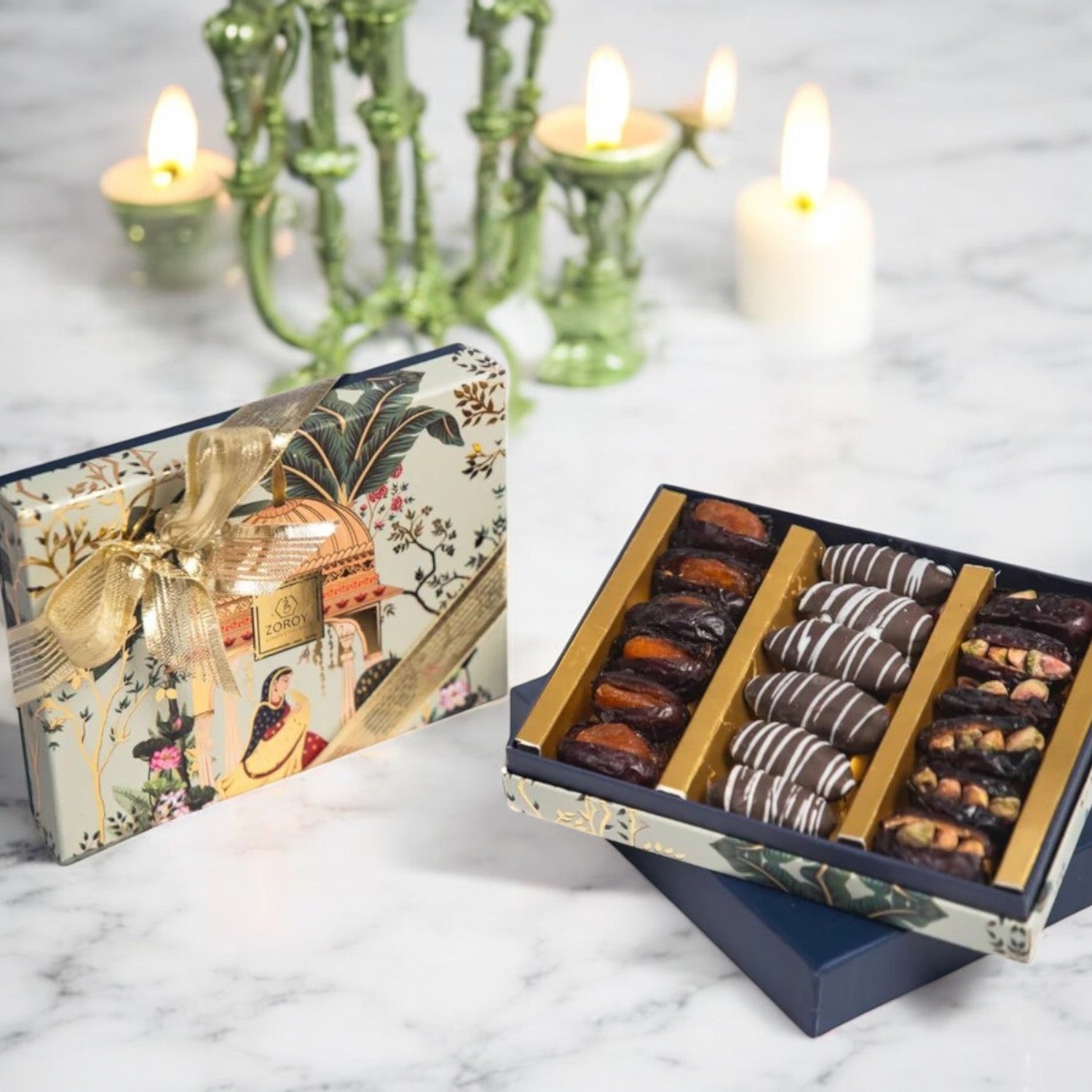 ZOROY Assorted Dry Fruit Filled Dates 250G | Filled With Roasted Pistachio, peeled orange wholes and chocolate coated almond stuffed dates | Khajur dry fruit