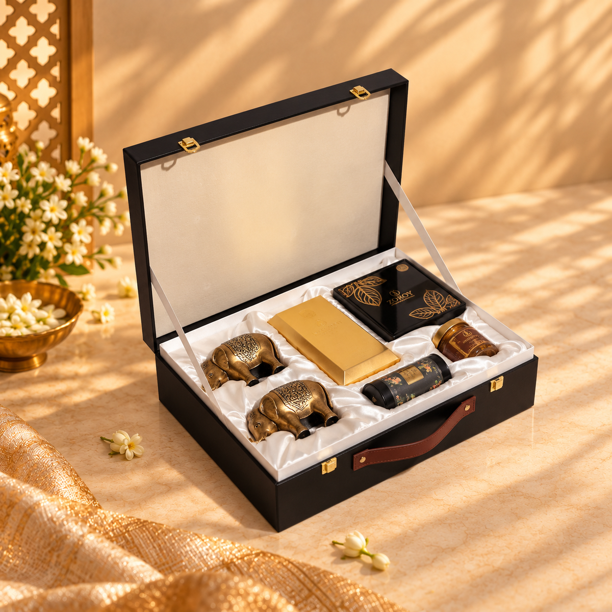 ZOROY Briefcase Premium Gift Hamper | Almond Butter, Gourmet Chocolates & Coated Nuts with Festive Décor | Diwali, Corporate & Bulk Gifting