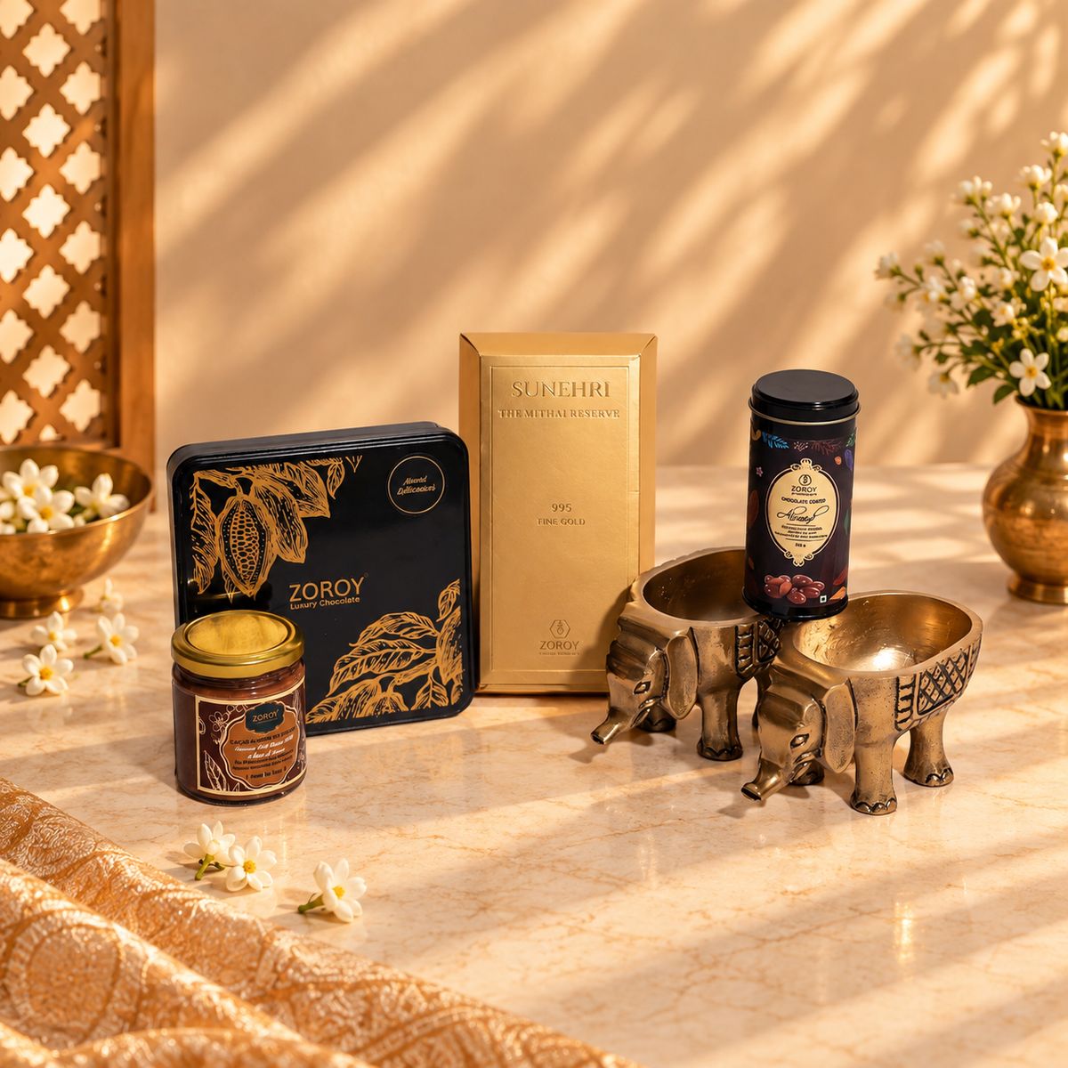ZOROY Briefcase Premium Gift Hamper | Almond Butter, Gourmet Chocolates & Coated Nuts with Festive Décor | Diwali, Corporate & Bulk Gifting