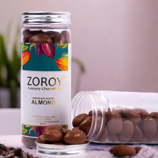 ZOROY Luxury Chocolate coated nuts | chocolate coated almond | almond draggers | Panned nuts | Pure couverture | Airtight box | Gourmet chocolate gift box | 200 gms