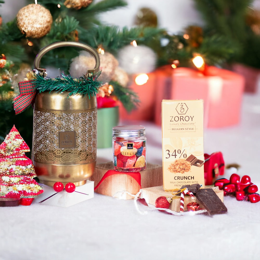 ZOROY LUXURY CHOCOLATE Christmas Usable beautiful metal lantern with Assorted Goodies of Belgian style bar Vegetarian Fruit Jujubes For Wedding Corporate Diwali Surprise Chocolate Gift Hamper for Family
