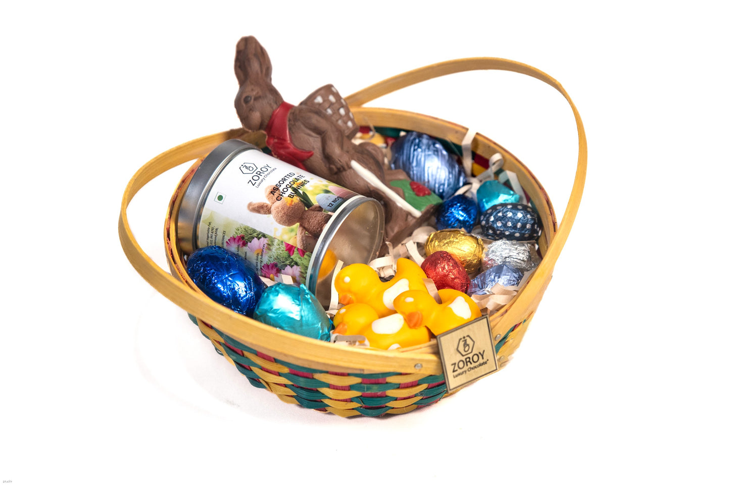 ZOROY Easter Special Round Basket with bunnies, eggs, ducks Gift Hamper - 300 Gms