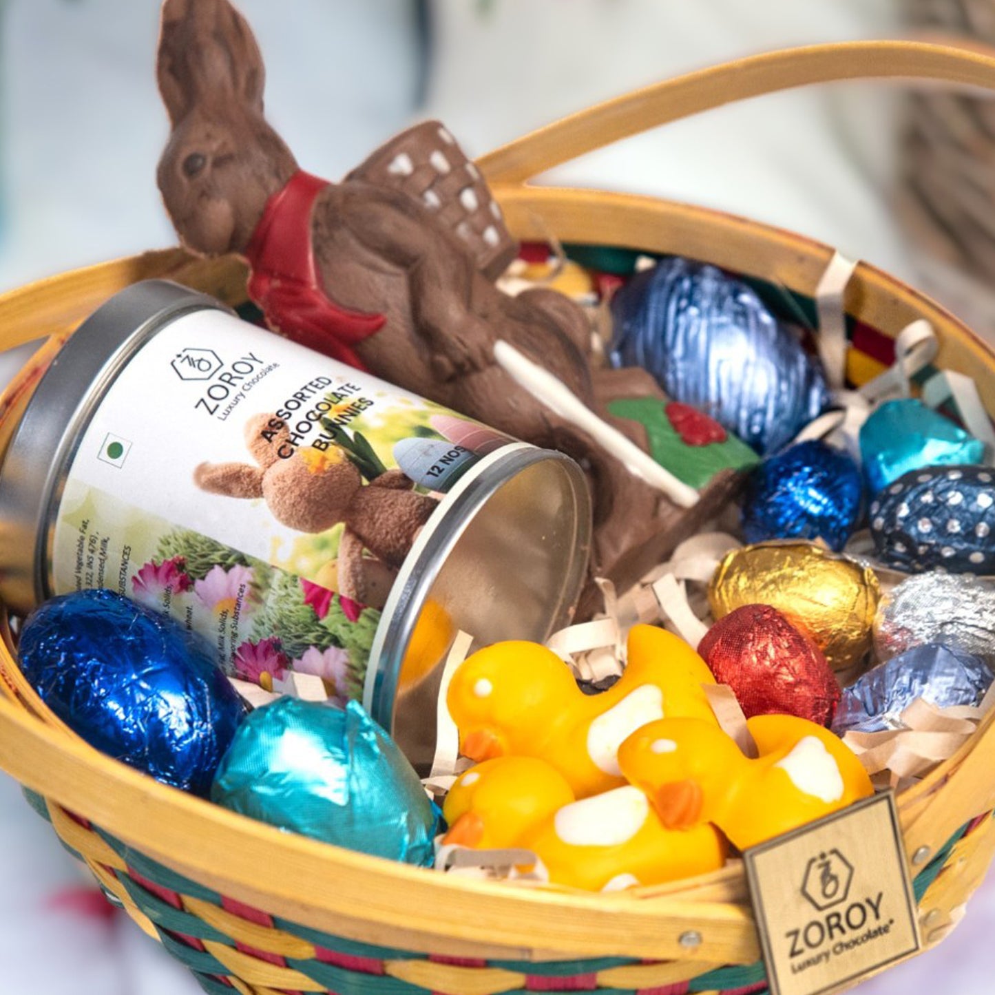 ZOROY Easter Special Round Basket with bunnies, eggs, ducks Gift Hamper - 300 Gms