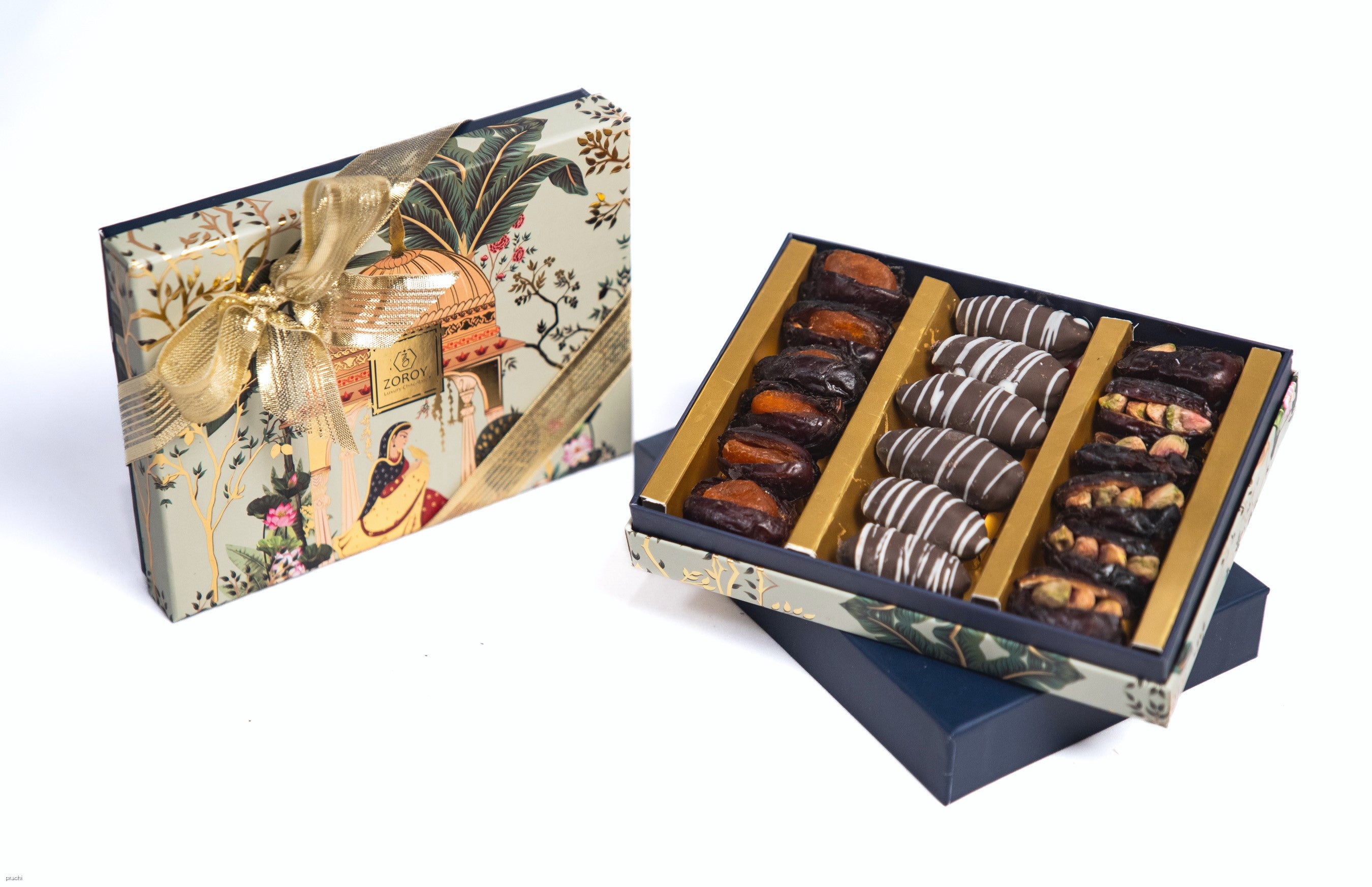 ZOROY Assorted Dry Fruit Filled Dates 250G | Filled With Roasted Pistachio, peeled orange wholes and chocolate coated almond stuffed dates | Khajur dry fruit