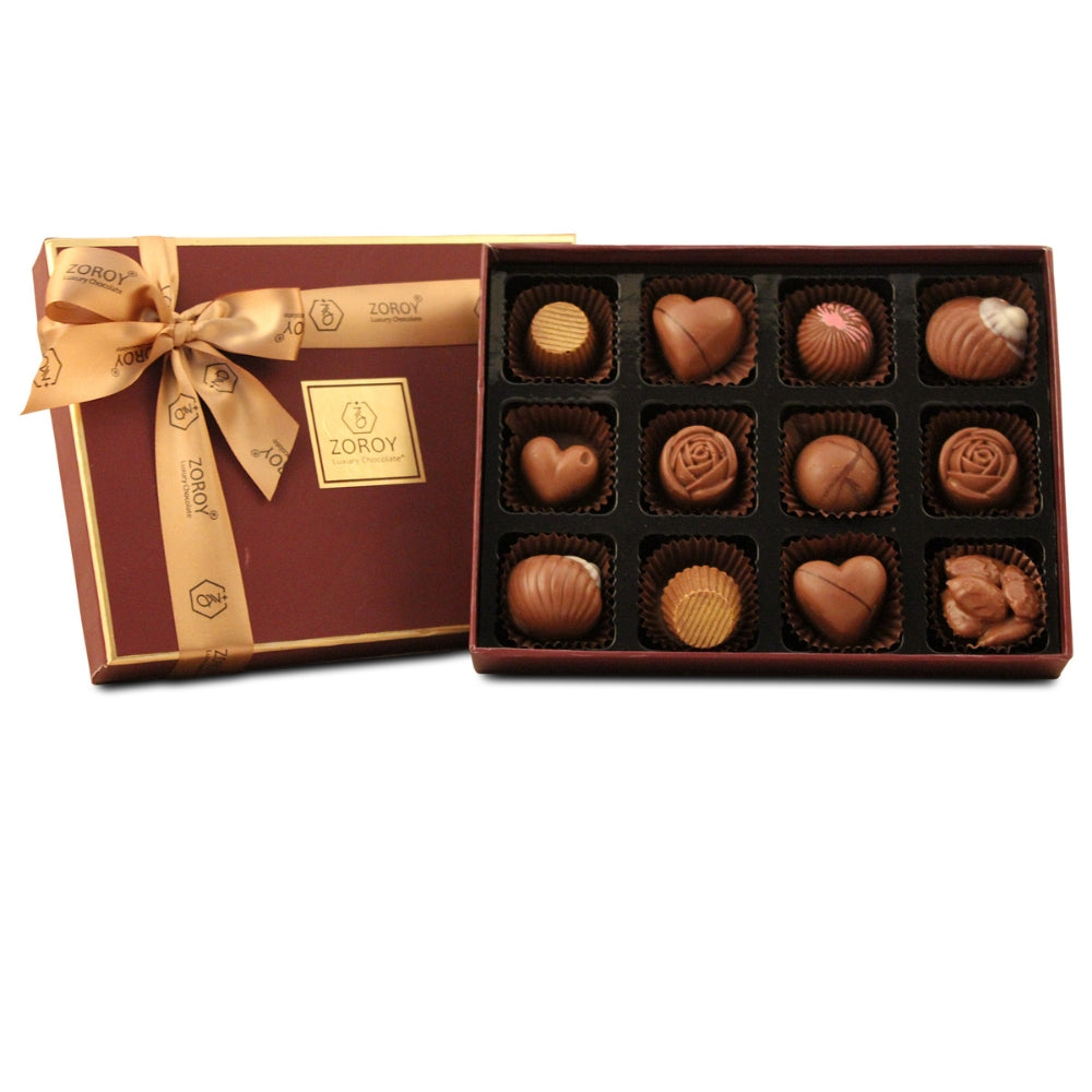 ZOROY LUXURY CHOCOLATE Box of 12 Pure Couverture Milk Chocolate | Signature Belgian style | 12 pieces in a Gift box | Assortment of milk pralines - 132 Gms
