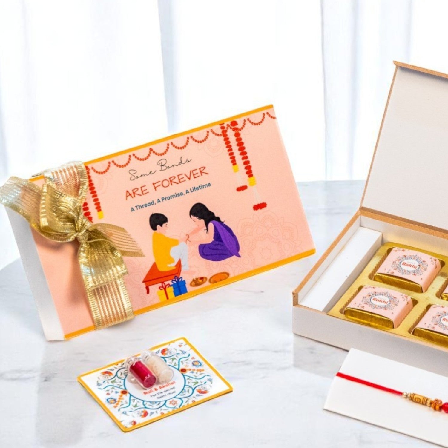 ZOROY Rakhi Gift Box for Brother, Sister, Bhabhi, Kids | Wooden Box with Happy Rakhi Message | Rakhi Printed 6 Chocolates | Raksha Bandhan Chocolate Gift Hamper | Complimentary Rakhi & Akshat Kumkum