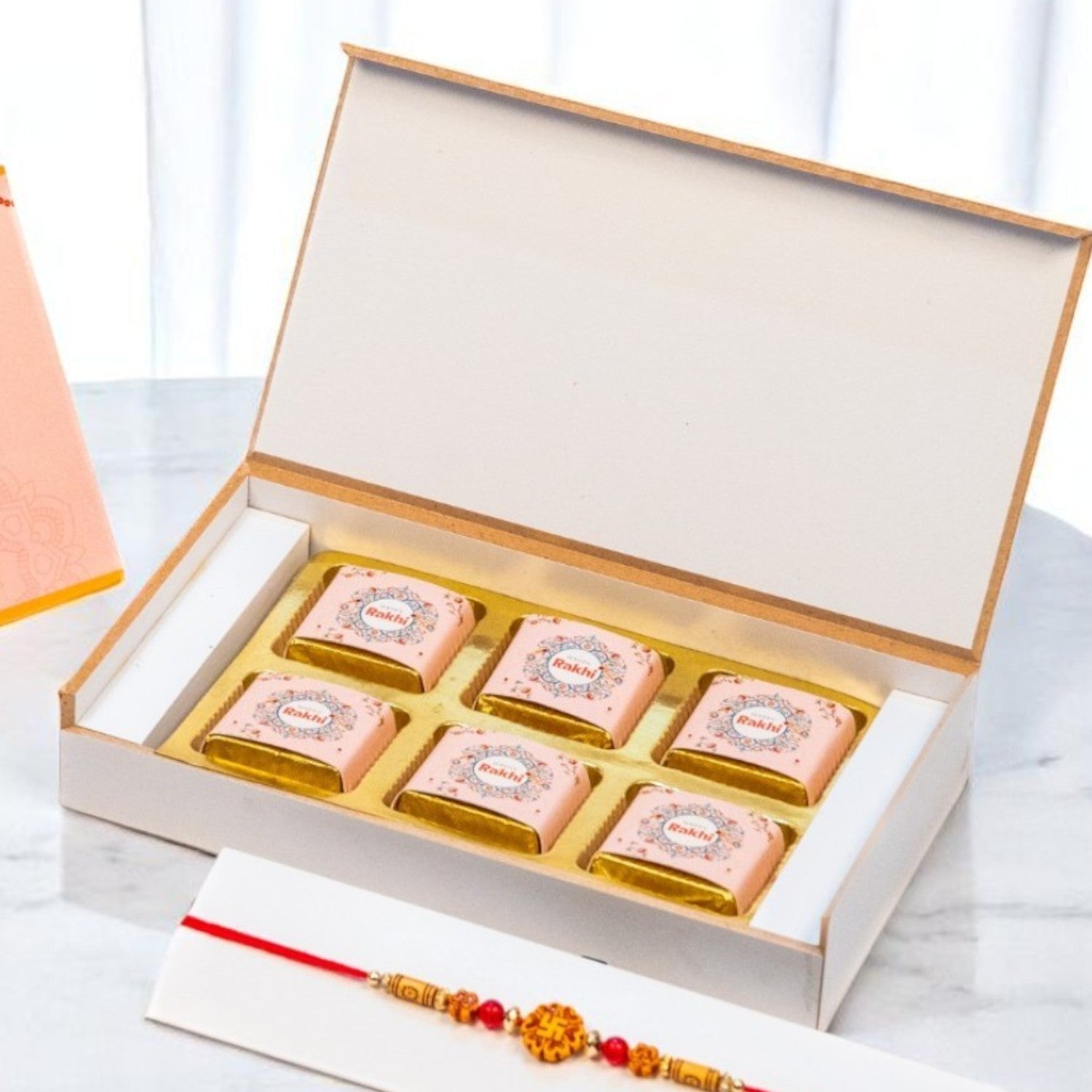 ZOROY Rakhi Gift Box for Brother, Sister, Bhabhi, Kids | Wooden Box with Happy Rakhi Message | Rakhi Printed 6 Chocolates | Raksha Bandhan Chocolate Gift Hamper | Complimentary Rakhi & Akshat Kumkum