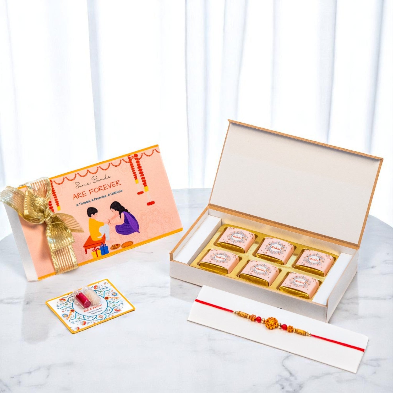 ZOROY Rakhi Gift Box for Brother, Sister, Bhabhi, Kids | Wooden Box with Happy Rakhi Message | Rakhi Printed 6 Chocolates | Raksha Bandhan Chocolate Gift Hamper | Complimentary Rakhi & Akshat Kumkum
