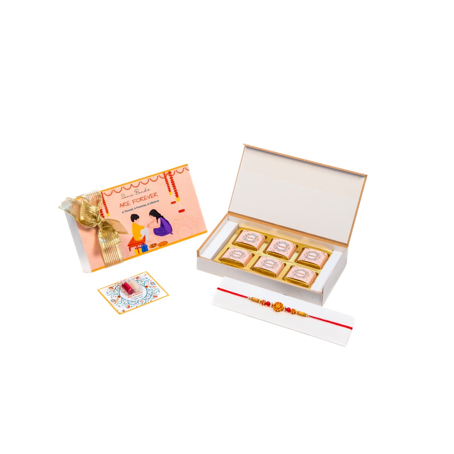 ZOROY Rakhi Gift Box for Brother, Sister, Bhabhi, Kids | Wooden Box with Happy Rakhi Message | Rakhi Printed 6 Chocolates | Raksha Bandhan Chocolate Gift Hamper | Complimentary Rakhi & Akshat Kumkum