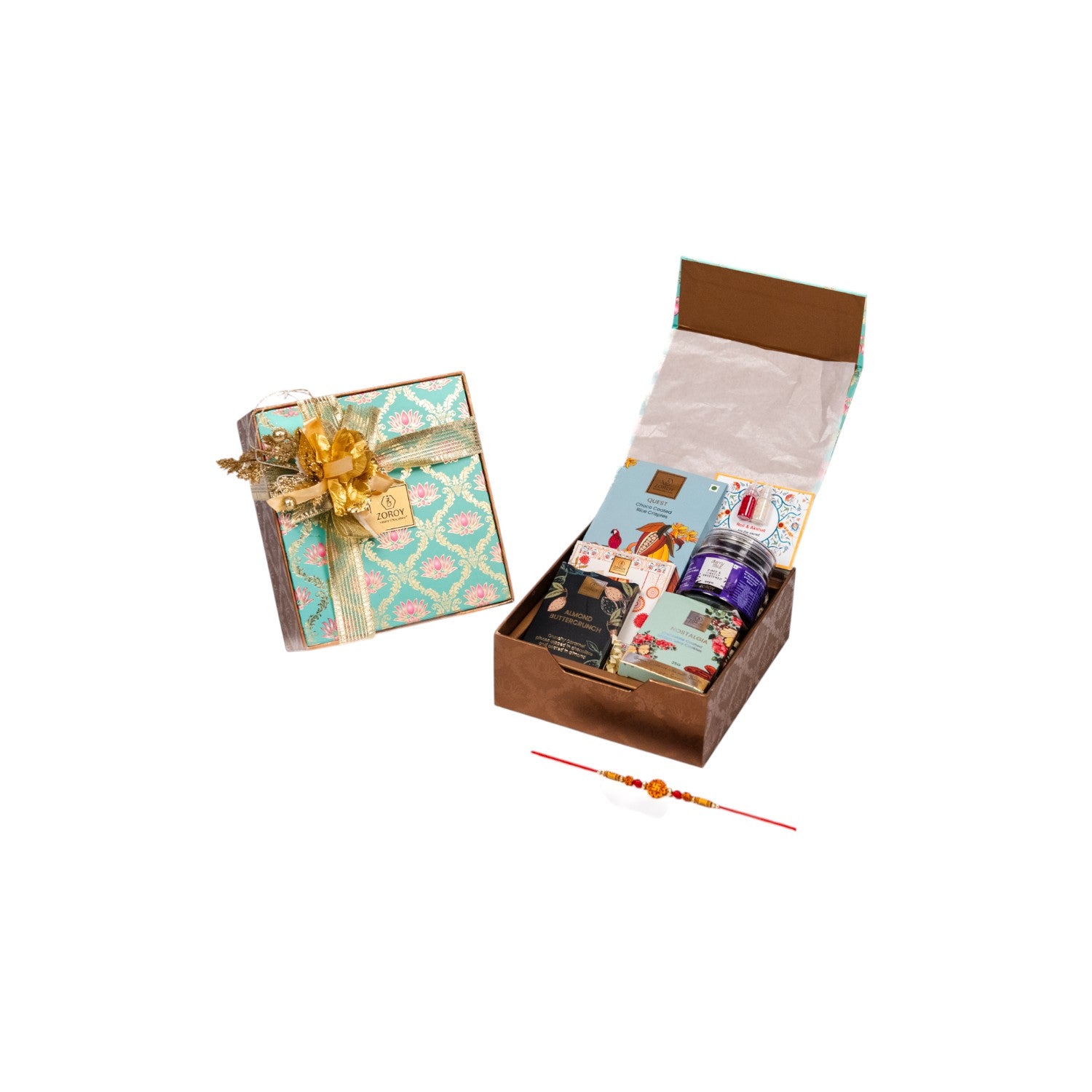 ZOROY Rakhi Celebration Gift Hamper with Chocolate Lava Cookies, Choco Rice Crisps, Buttercrunch Snacks, Mixed Berry Treats, Designer Rakhi, Akshat Kumkum, Rakhi Card – Raksha Bandhan Gift Box