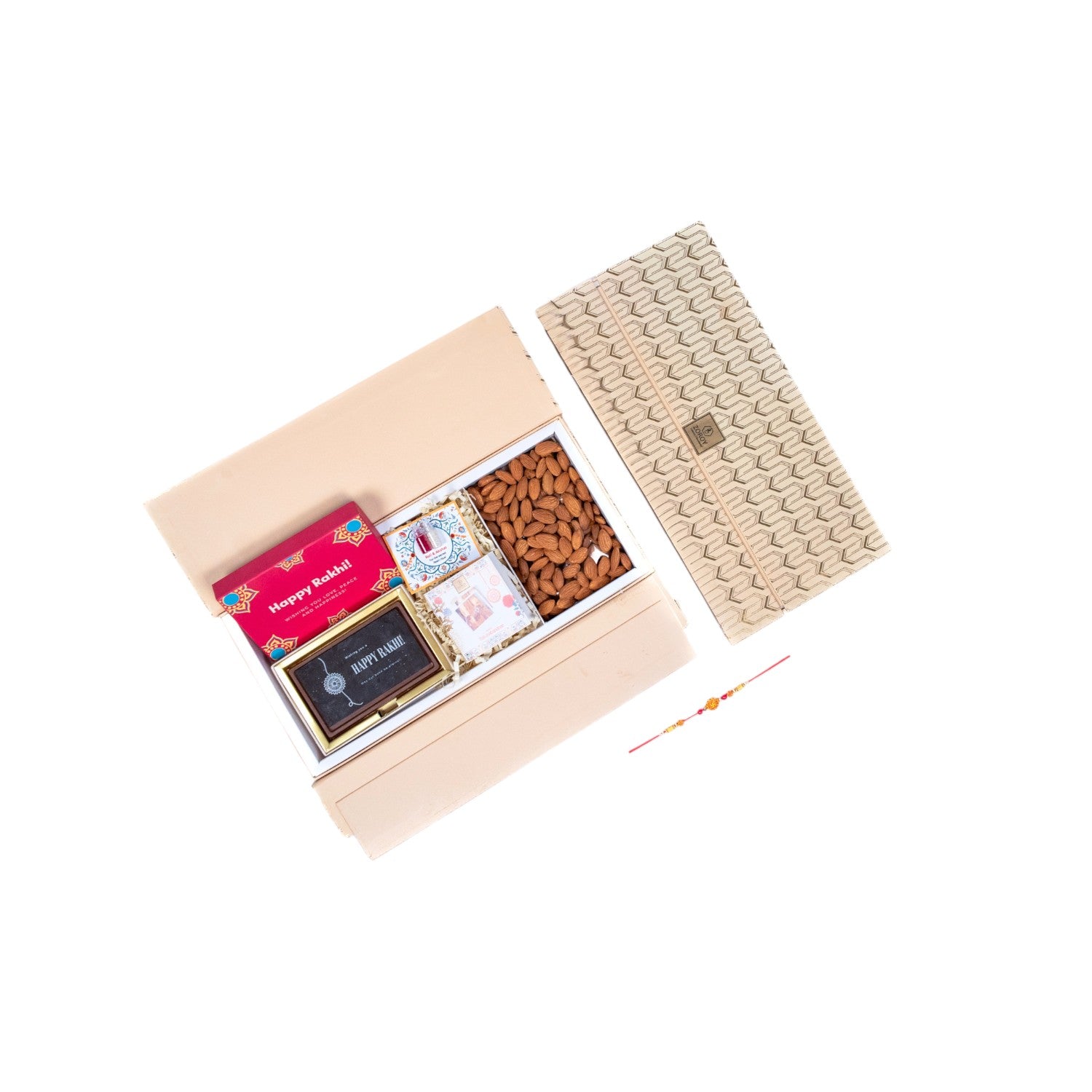 ZOROY Rakhi Wing Gift Hamper with Happy Rakhi Chocolate Box, Designer Rakhi, Almonds 100g, Akshat Kumkum, Rakhi Card | Rakhi Gift for Brother | Raksha Bandhan Celebration Essentials Box