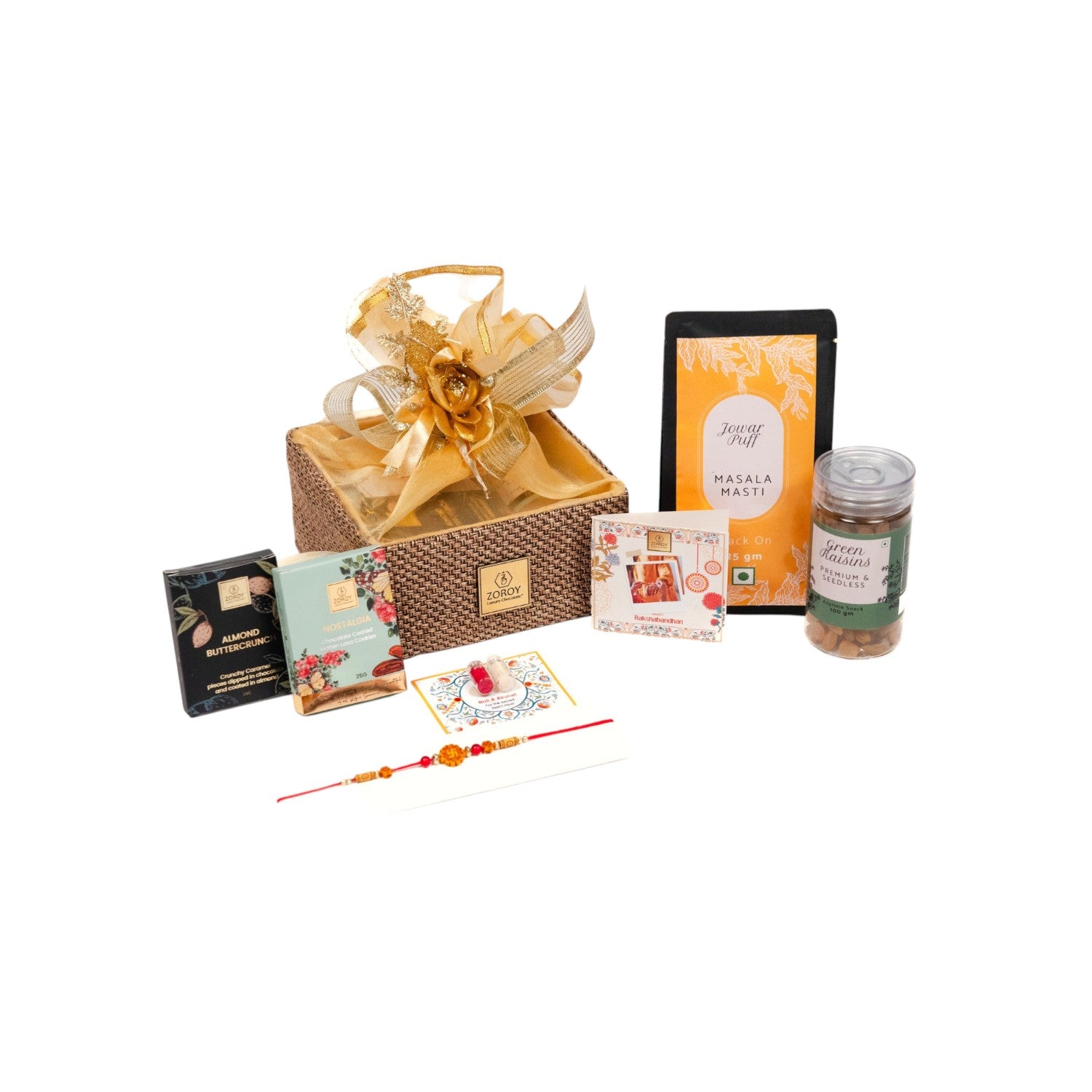 ZOROY Raksha Bandhan Organza  Gift Hamper with Rakhi, Akshat Kumkum, Rakhi Card, Chocolate Lava Cookie, Buttercrunch Snack, Raisins 100g  – Rakhi Gift for Brother, Bhai, Sibling