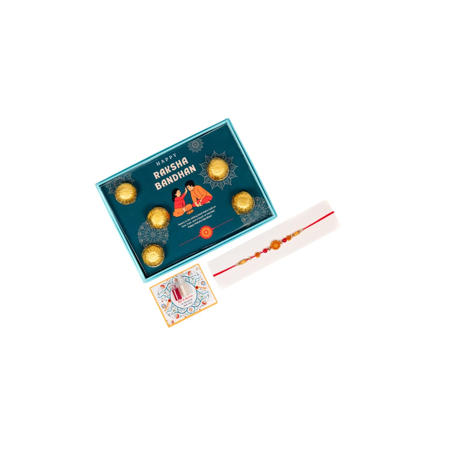 ZOROY Rakhi Gift Box with 5 Chocolates, 1 Designer Rakhi, Akshat Kumkum Pack | Raksha Bandhan Gift Hamper for Brother, Sister, Kids | Ready-to-Gift Rakhi Set