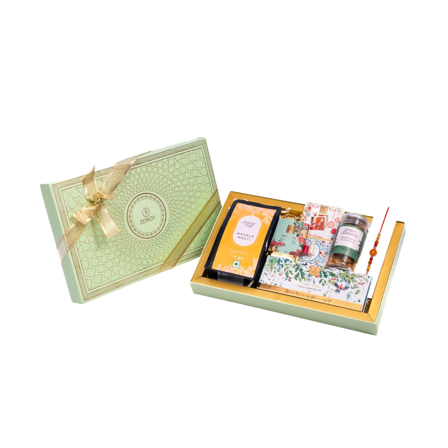 ZOROY Elegant Peacock Rakhi Gift Box | Snack Pack, Almond Buttercrunch, Chocolate-Dipped Fairy Tale Biscuits, Raisins 100g, Rakhi, Akshat Kumkum & Greeting Card | Raksha Bandhan Gift for Brother & Sister