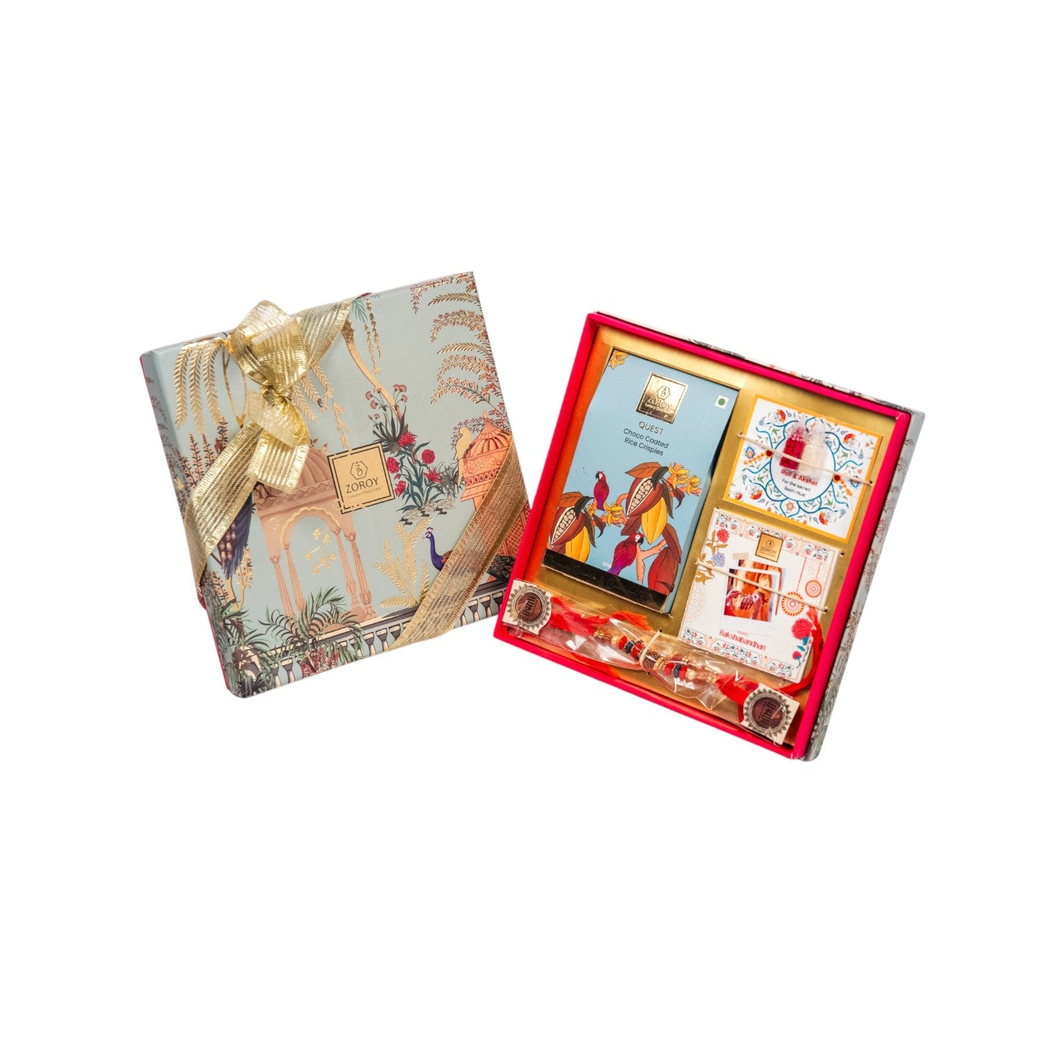 ZOROY Rakhi Gift Kit | Compact Raksha Bandhan Hamper with Quest Choco Rice Crisps, 2 Rakhis, Akshat Kumkum, Rakhi Card | Essentials-Only Rakhi Gift Box for Brother, Bhabhi, Kids & Family