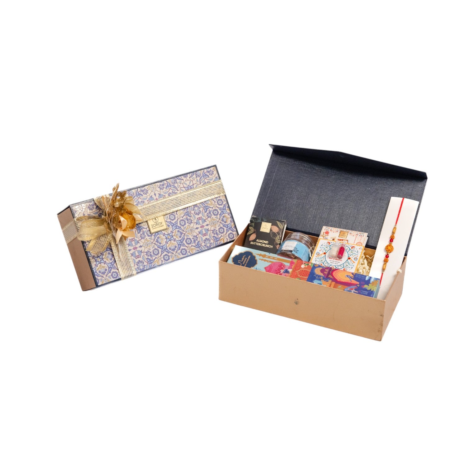 ZOROY Neel Rakhi Hamper with 4 Premium Noor Baklava, 50g Salted Almonds, Buttercrunch Snacks, Designer Rakhi, Akshat Kumkum Pack & Rakhi Card – Traditional Raksha Bandhan Gift Set