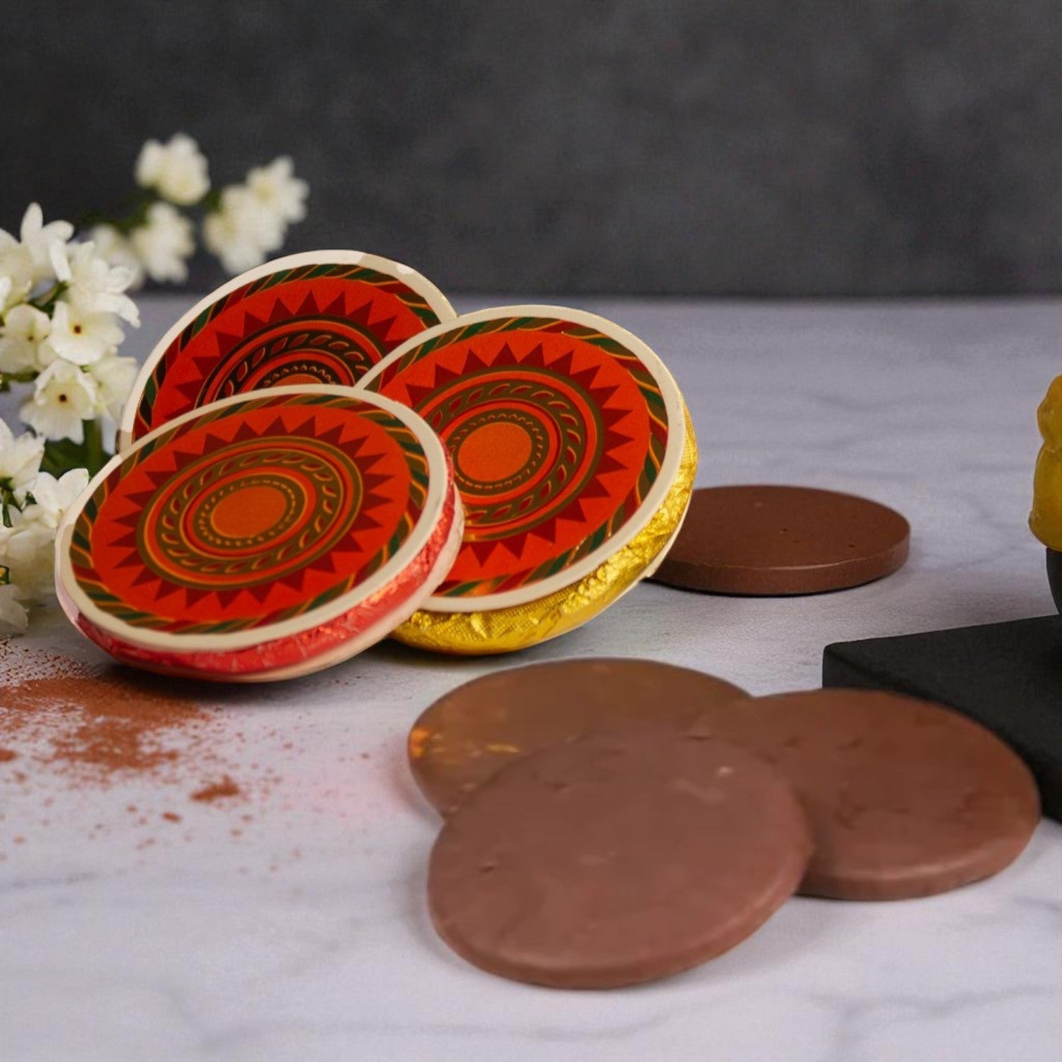 ZOROY Trio Essential Hamper – Festive Gift Basket with 2 Ceramic Diyas, 100g Almonds, Chocolates & Choco Biscuits