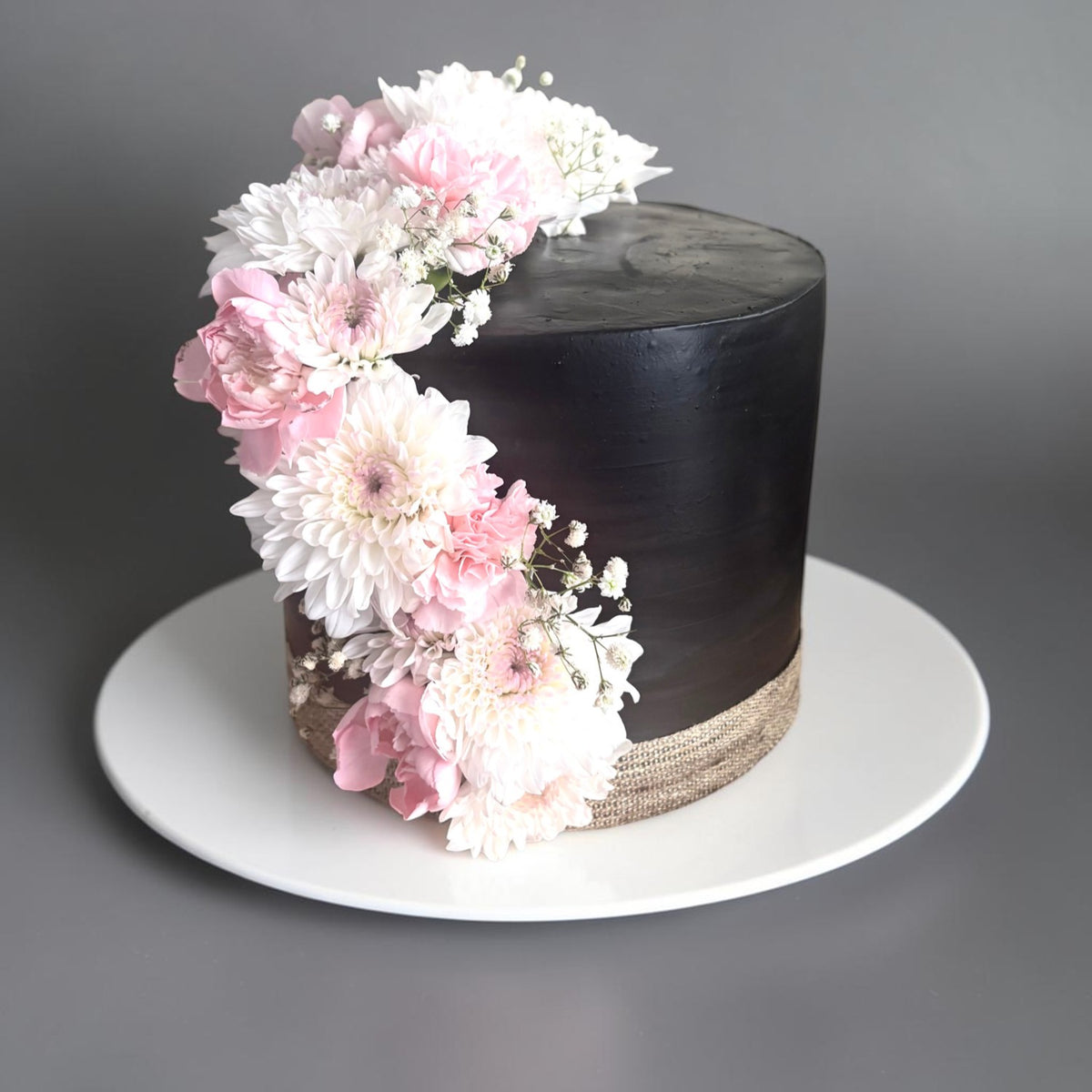 Black & Pink Floral Celebration Theme Cake