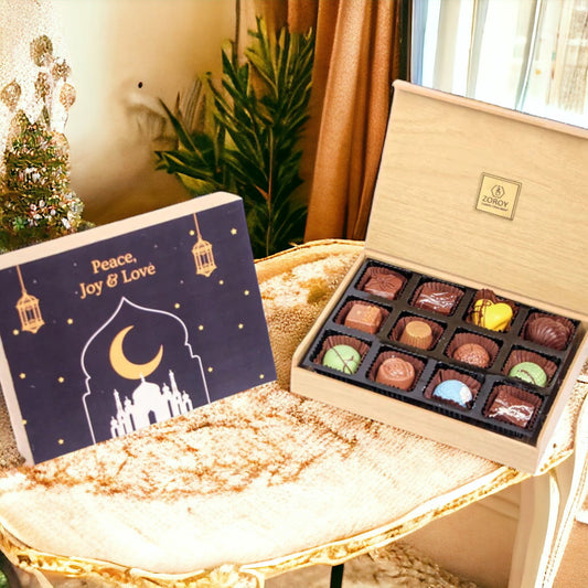 Zoroy Luxury Chocolate Eid Mubarak Gifts Wooden Box With 12 Signature Belgian Style Chocolate