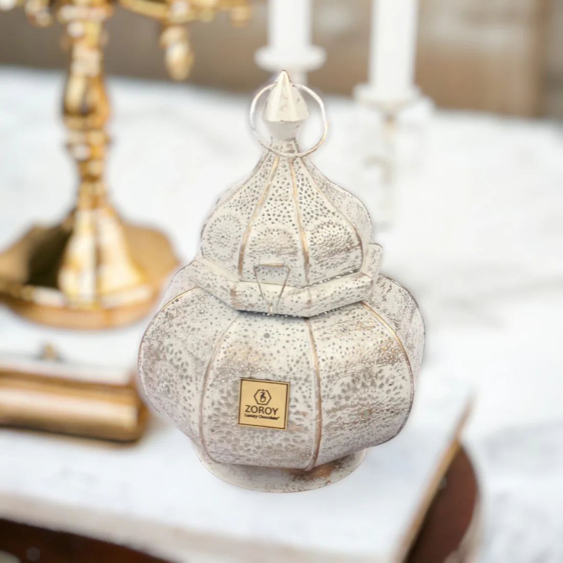 ZOROY Arabic Lantern Chocolate Gift – White & Gold Metal Lantern with 10 Assorted Chocolates | Festive Home Décor Gift | Usable Corporate Bulk Gift