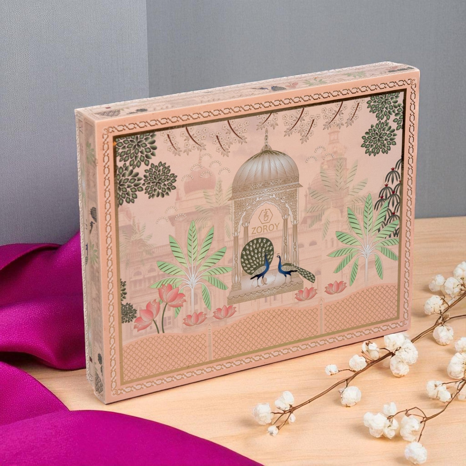 ZOROY Abundance hamper – Ethnic Royal Gift Box with Almonds, Cashews, Chocolates, Rangoli Kit & Lotus tlite holder | Usable home décor | Premium Diwali Gift Basket for Corporate & Family Gifting