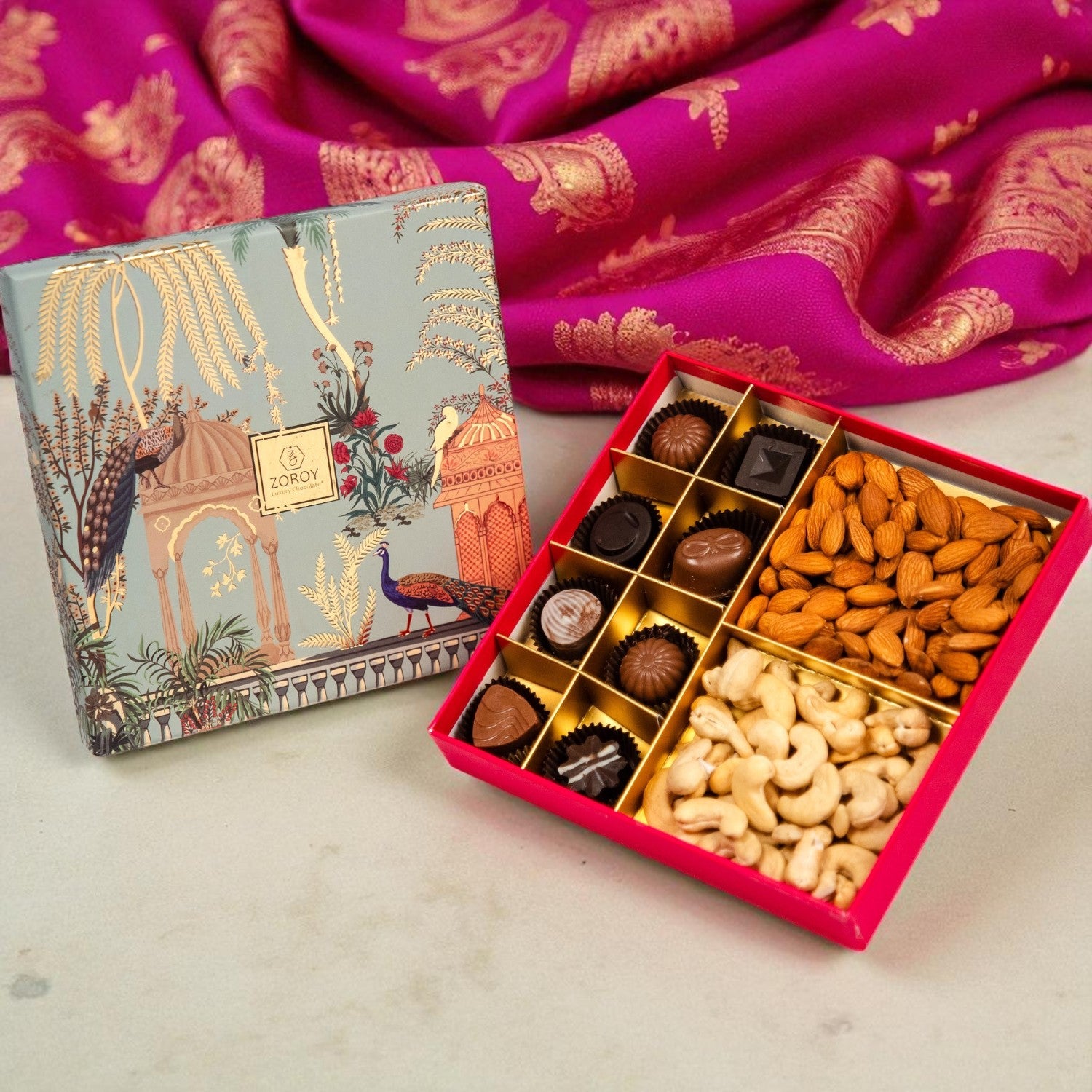 "ZOROY Heritage Combo Hamper – Premium Dry Fruits 200G & 8 Assorted Chocolates | Diwali Corporate & Festive Gift Box "