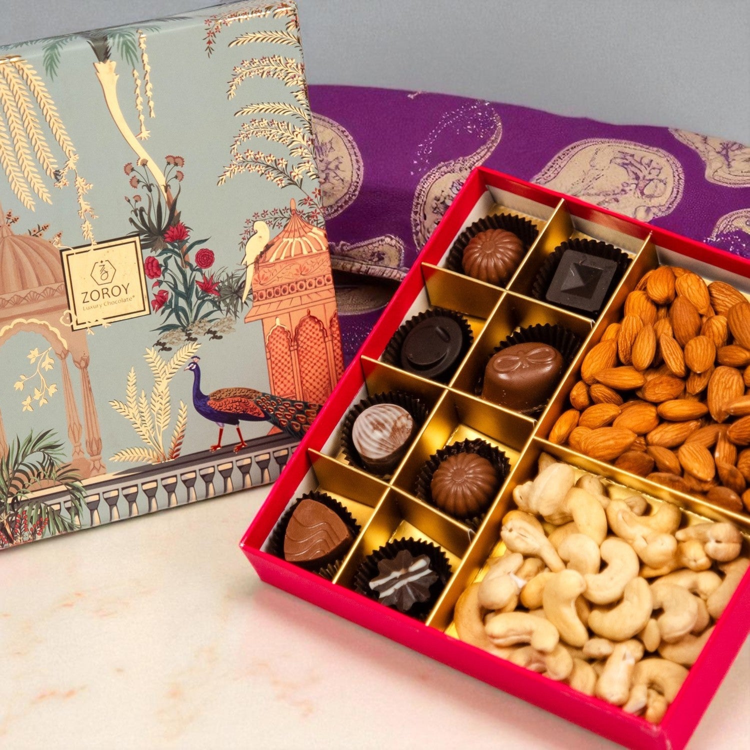 "ZOROY Heritage Combo Hamper – Premium Dry Fruits 200G & 8 Assorted Chocolates | Diwali Corporate & Festive Gift Box "